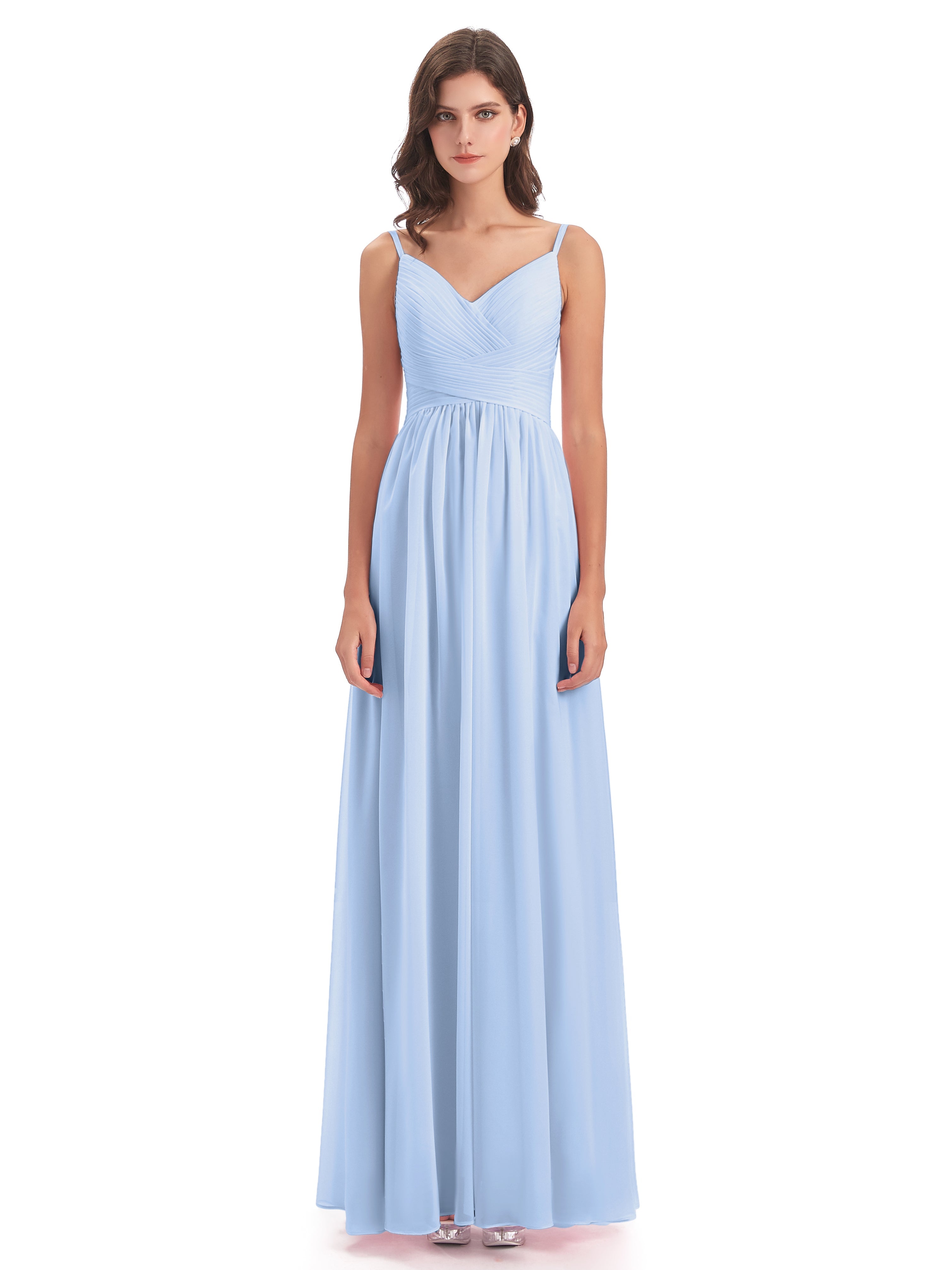 Robe Demoiselle D Honneur Bleu Ciel Bretelles Spaghetti Plis Dentelle Robes Demoiselle D'Honneur
