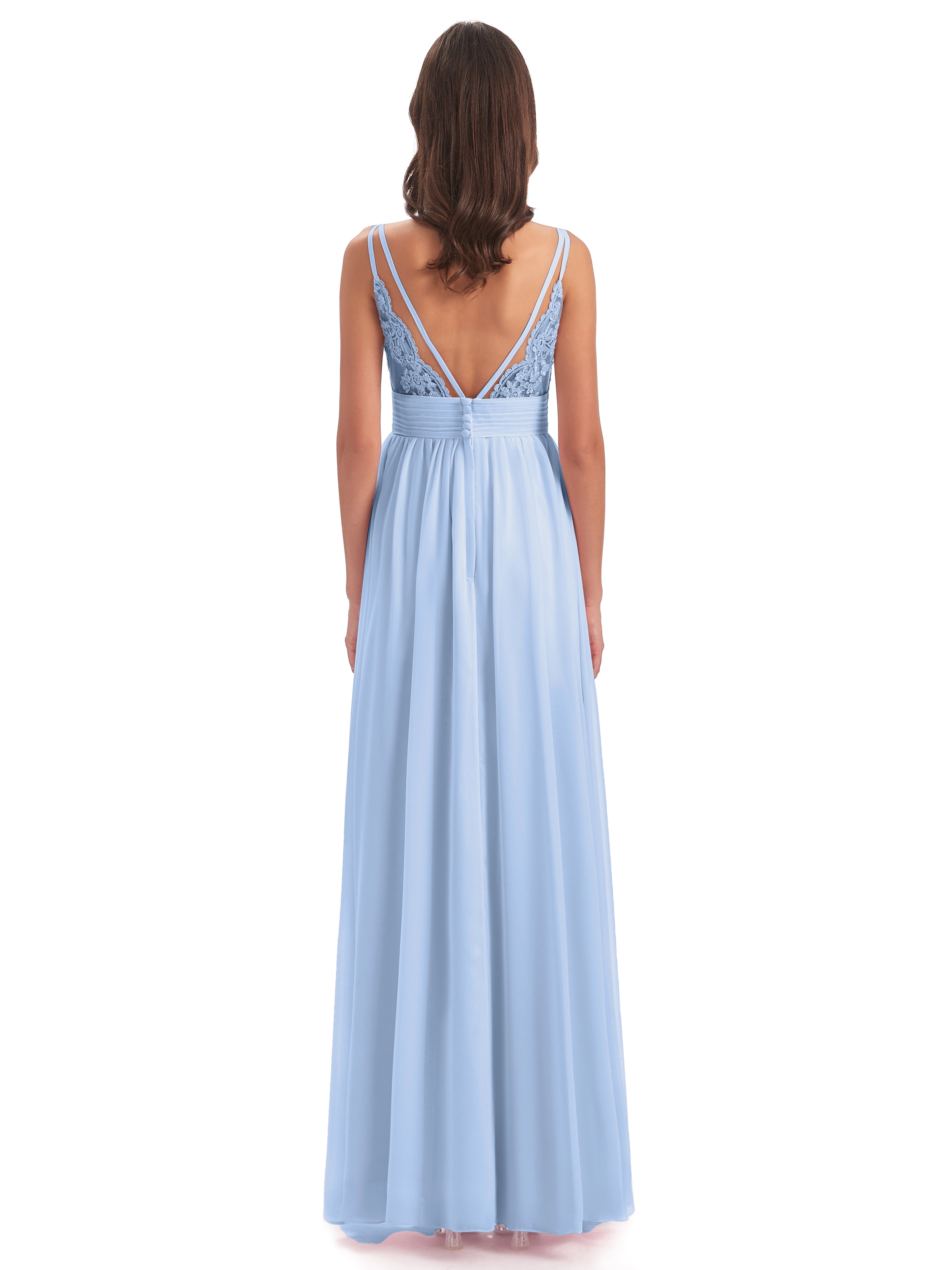 Robe Demoiselle D Honneur Bleu Ciel Bretelles Spaghetti Plis Dentelle Robes Demoiselle D'Honneur