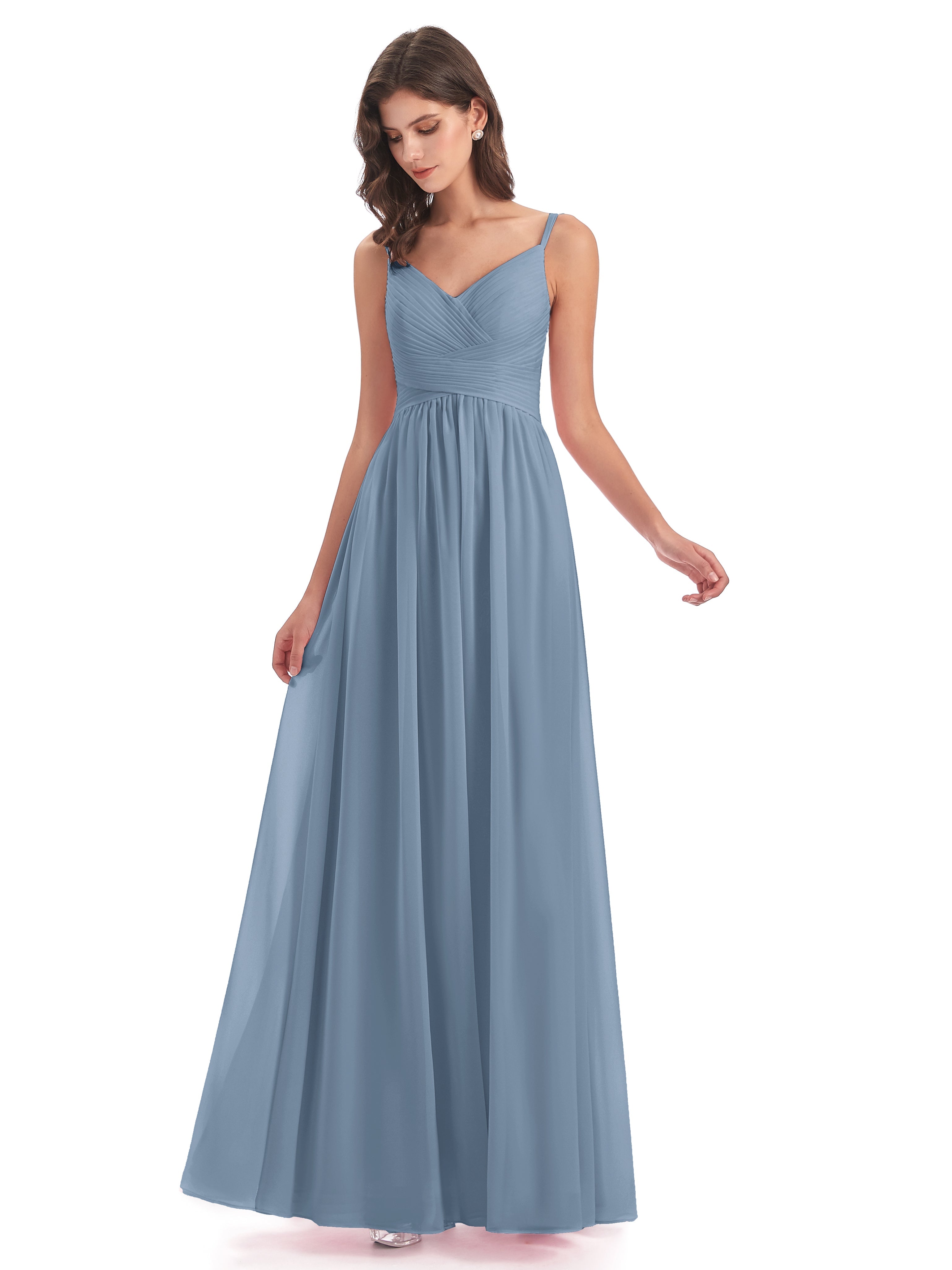 Robes De Demoiselle D'Honneur Bleu De Schiste Bretelles Spaghetti Plis Dentelle Robes Demoiselle D'Honneur