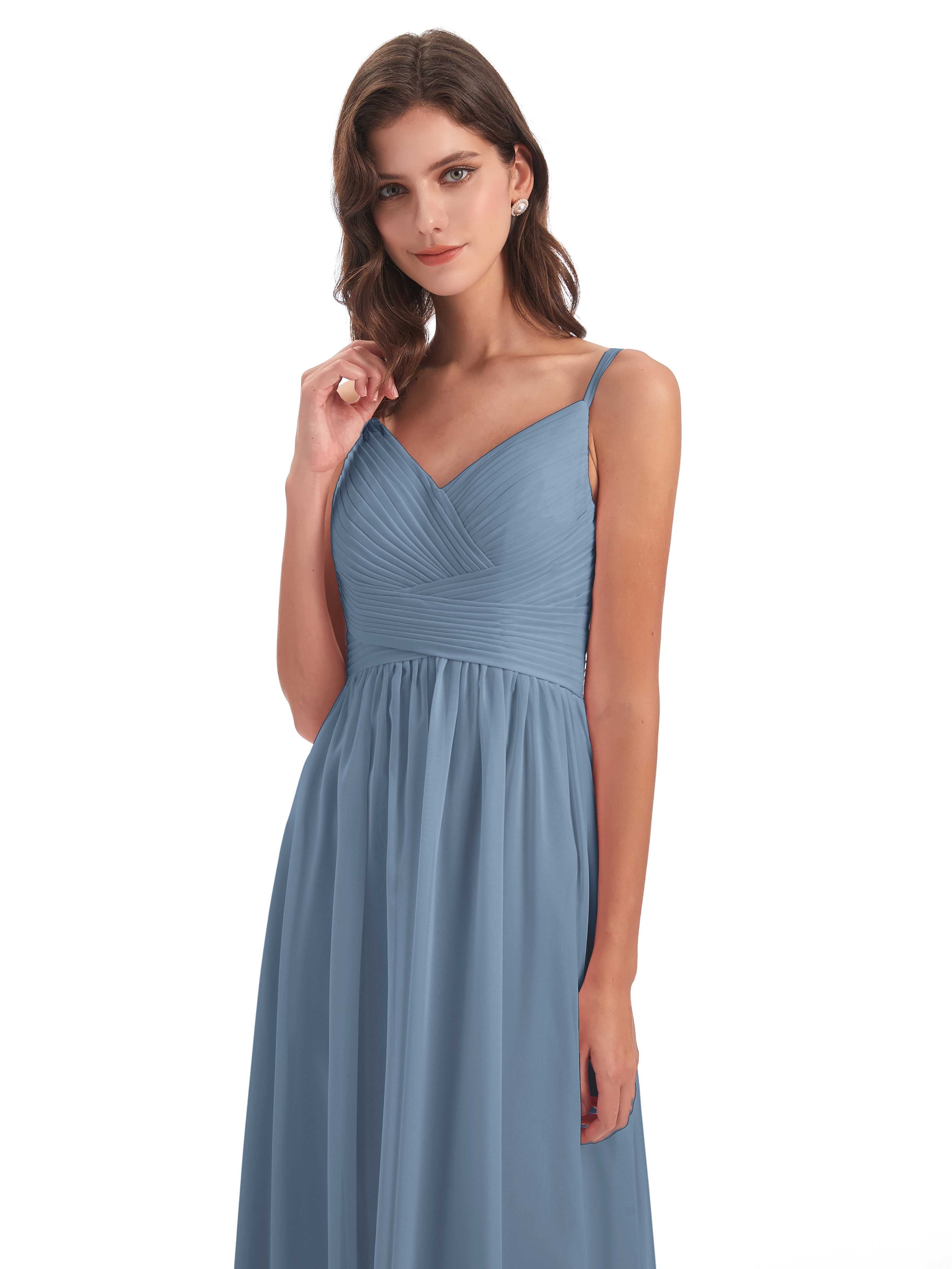Robes De Demoiselle D'Honneur Bleu De Schiste Bretelles Spaghetti Plis Dentelle Robes Demoiselle D'Honneur