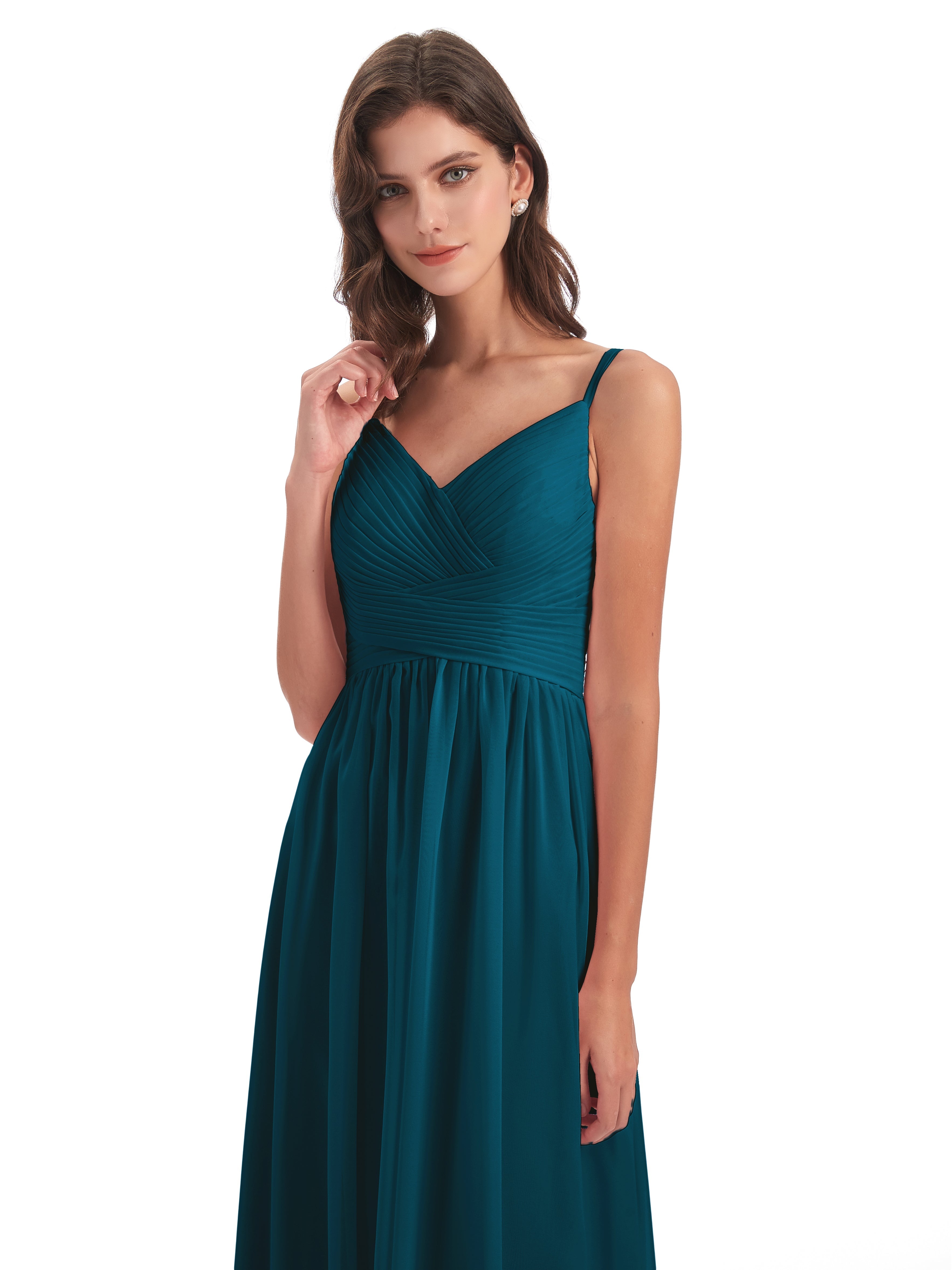 Robe De Demoiselle D'Honneur Bleu Encre Bretelles Spaghetti Plis Dentelle Robes Demoiselle D'Honneur