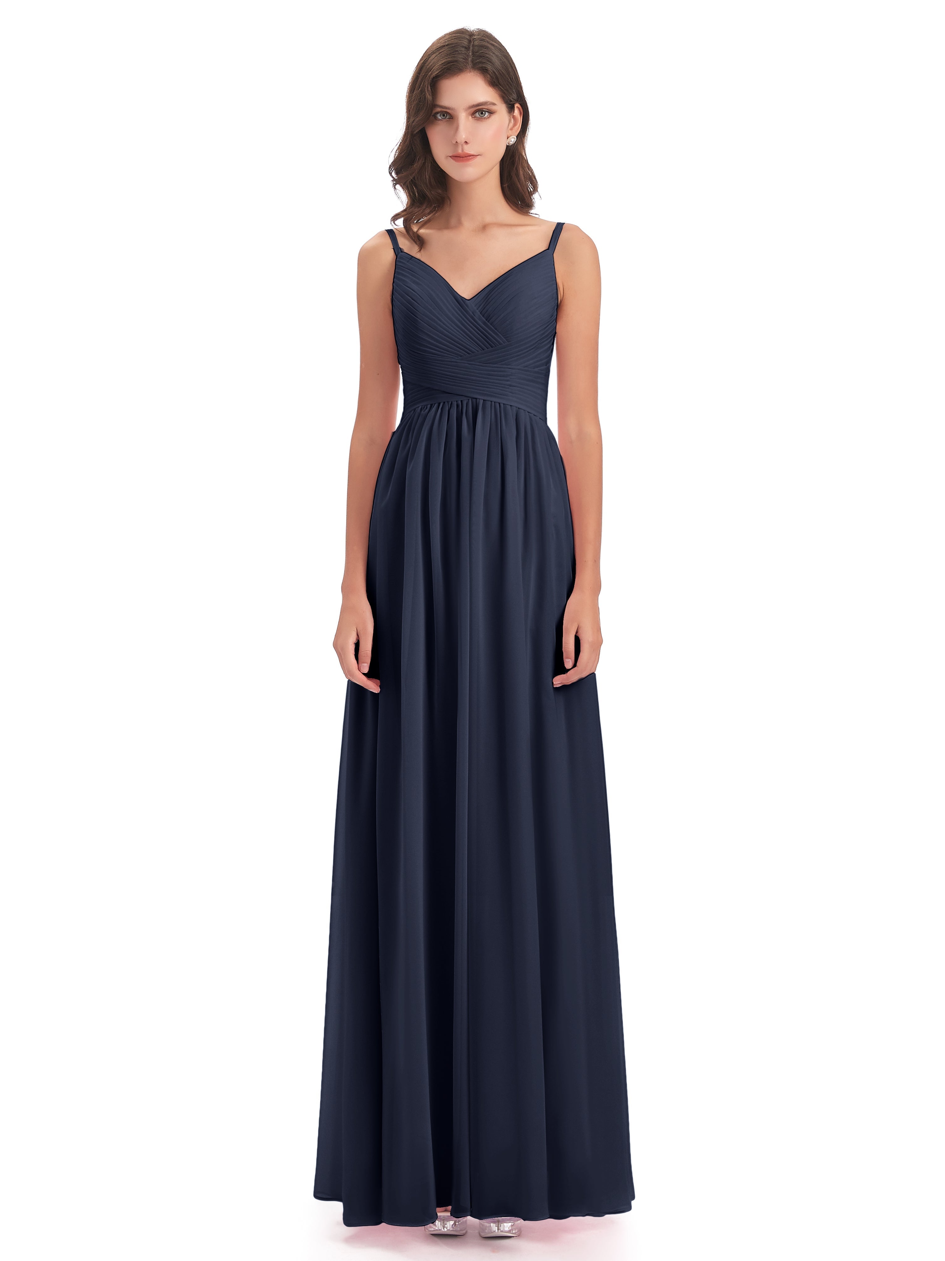 Longues Robes De Demoiselle D'Honneur Bleu Marine Bretelles Spaghetti Plis Dentelle Robes Demoiselle D'Honneur