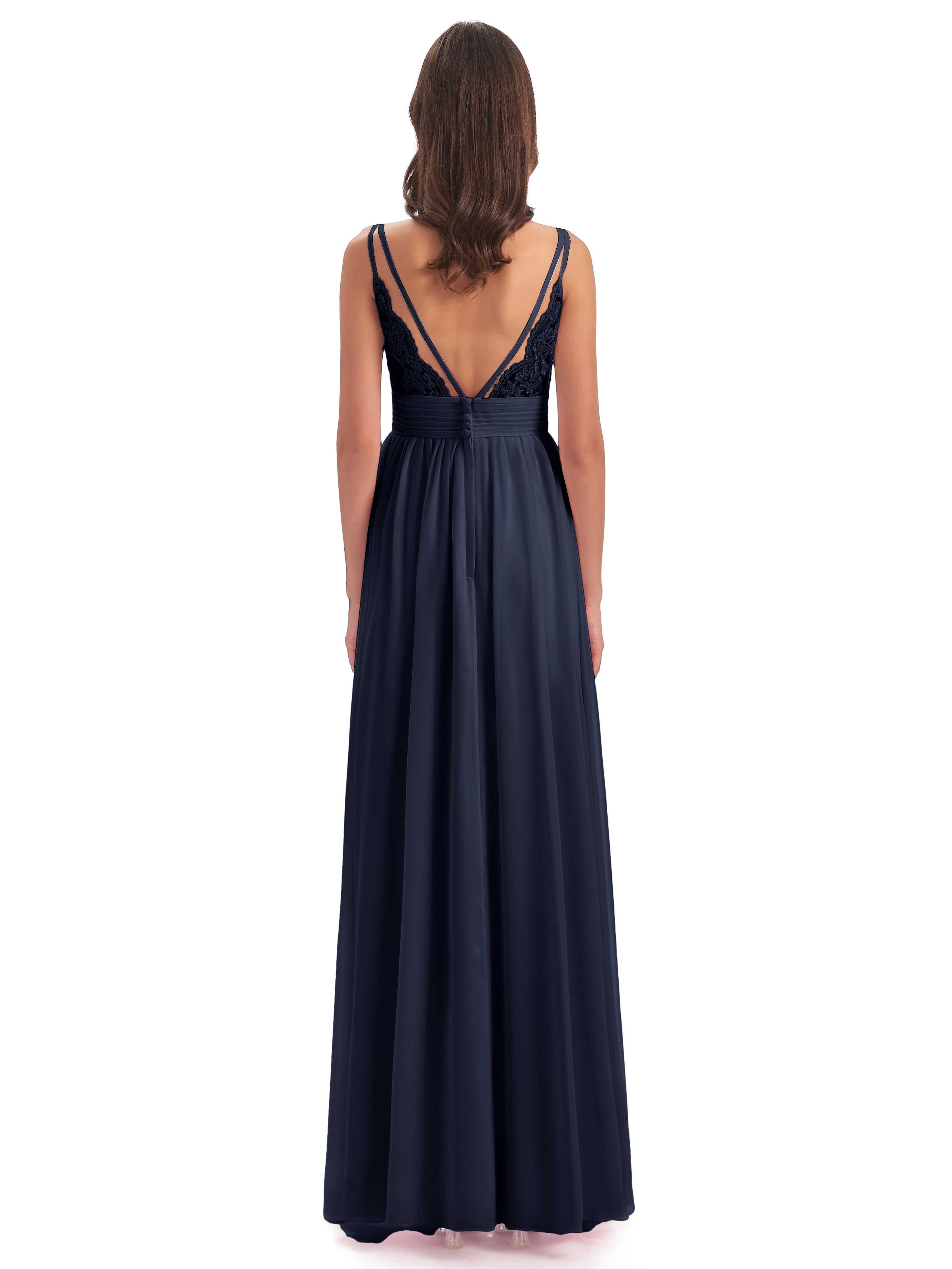 Longues Robes De Demoiselle D'Honneur Bleu Marine Bretelles Spaghetti Plis Dentelle Robes Demoiselle D'Honneur