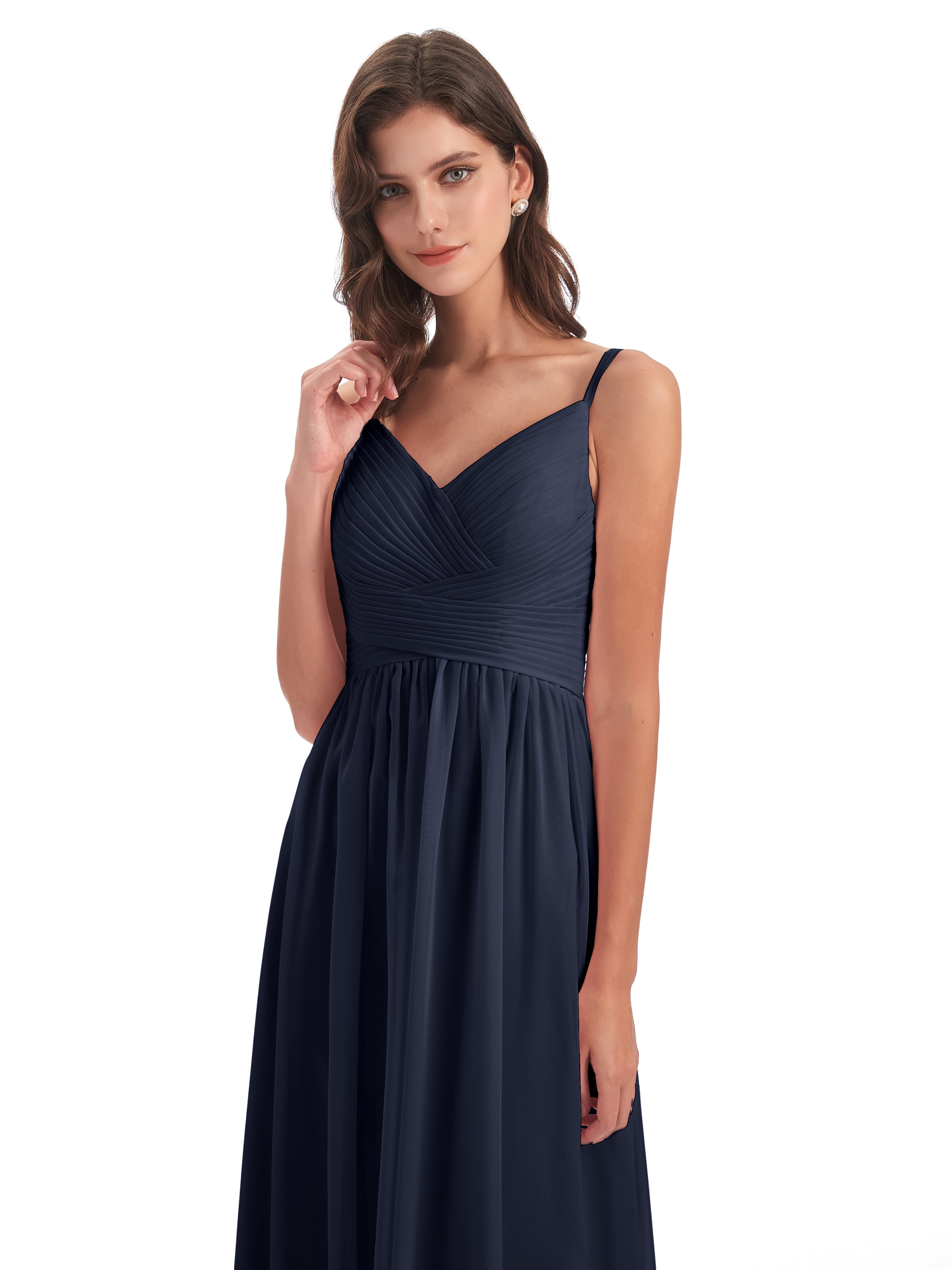 Longues Robes De Demoiselle D'Honneur Bleu Marine Bretelles Spaghetti Plis Dentelle Robes Demoiselle D'Honneur