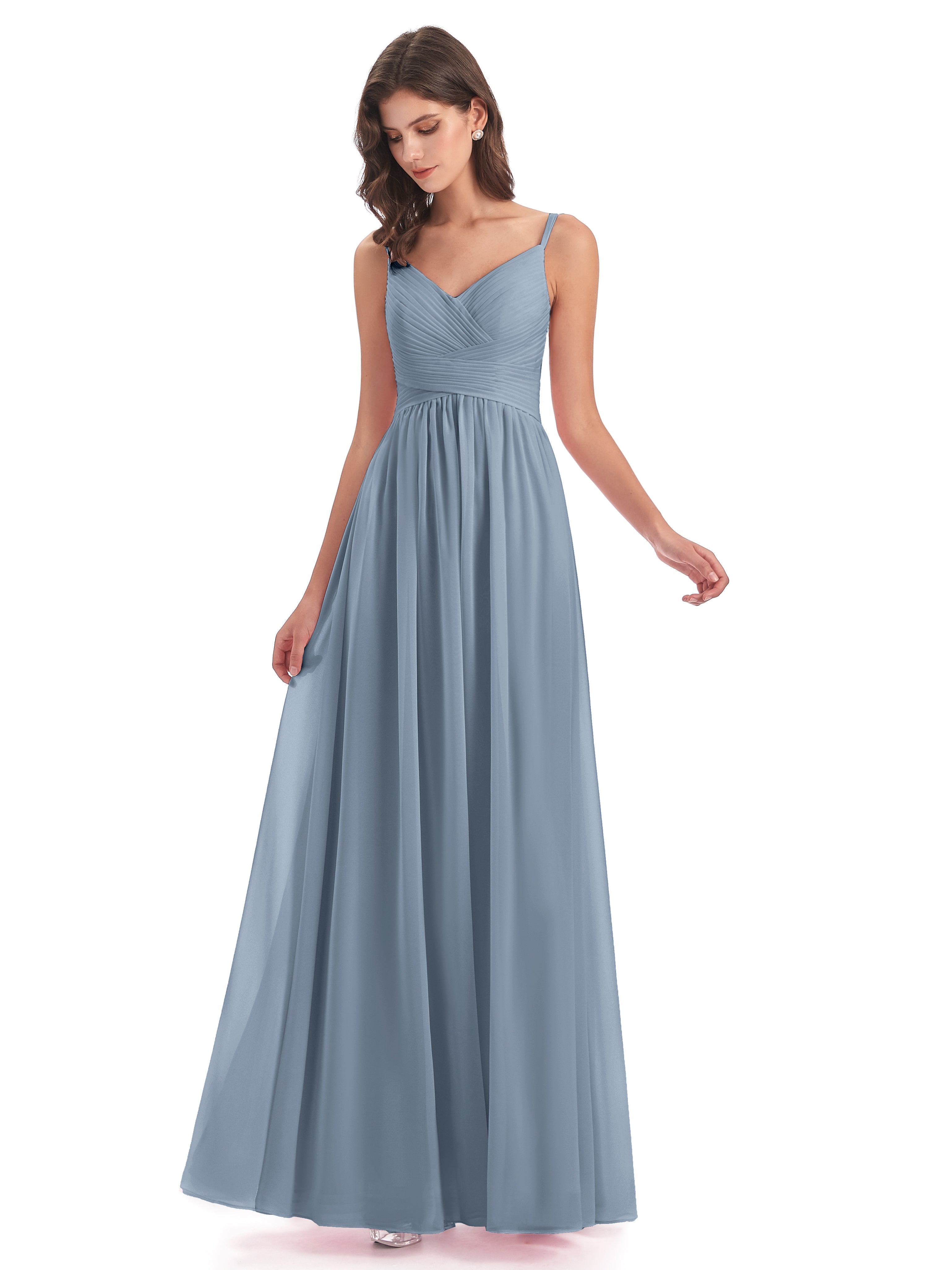 Robes De Demoiselle D'Honneur Bleu Poussiéreux Bretelles Spaghetti Plis Dentelle Robes Demoiselle D'Honneur