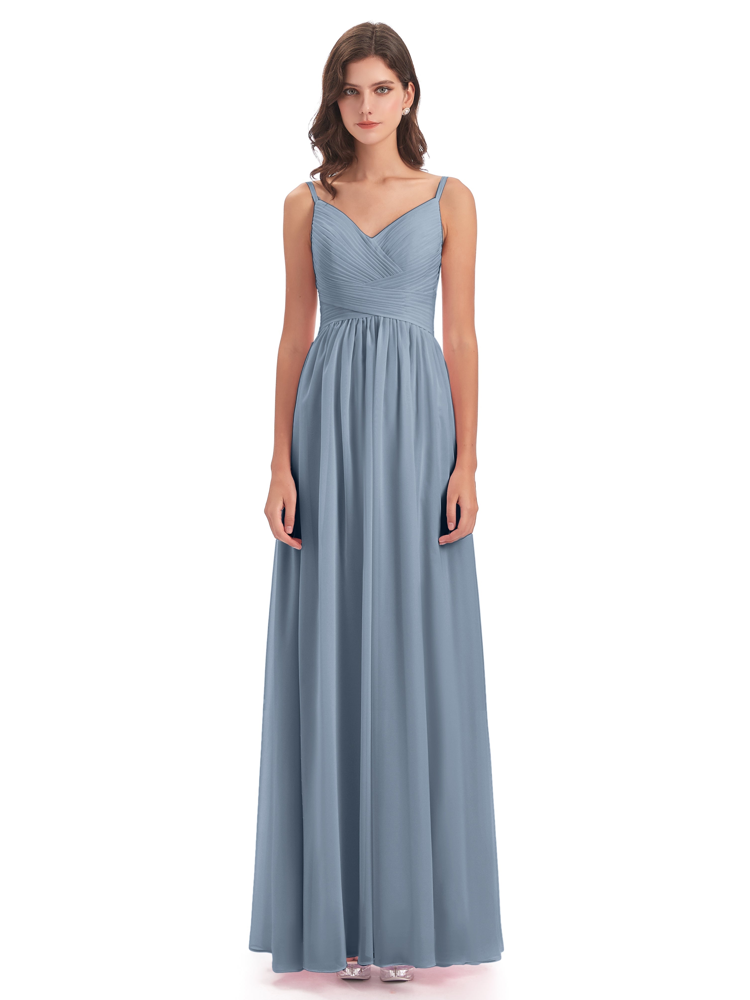Robes De Demoiselle D'Honneur Bleu Poussiéreux Bretelles Spaghetti Plis Dentelle Robes Demoiselle D'Honneur