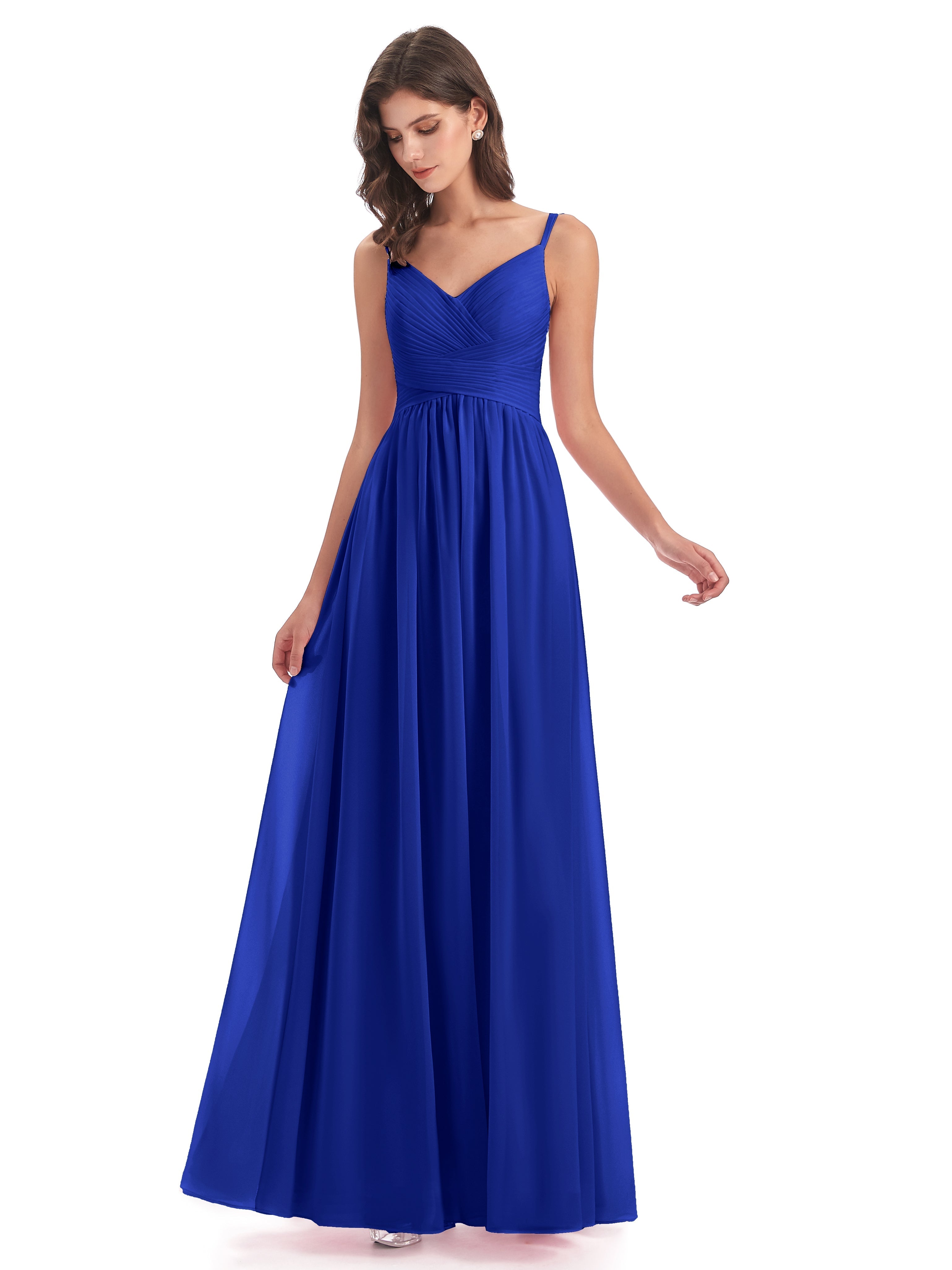 Robe De Demoiselle D Honneur Bleu Royal Bretelles Spaghetti Plis Dentelle Robes Demoiselle D'Honneur