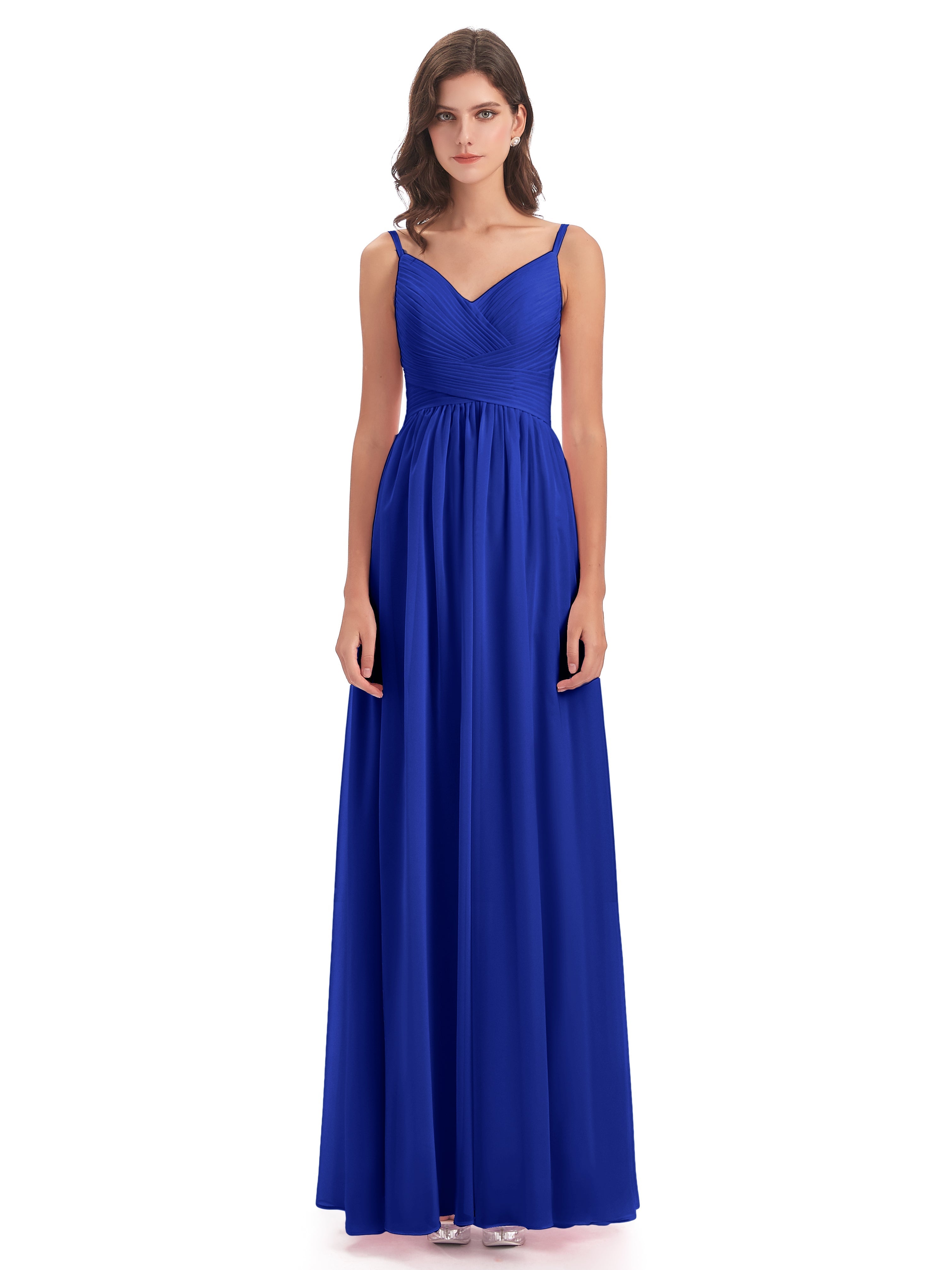 Robe De Demoiselle D Honneur Bleu Royal Bretelles Spaghetti Plis Dentelle Robes Demoiselle D'Honneur