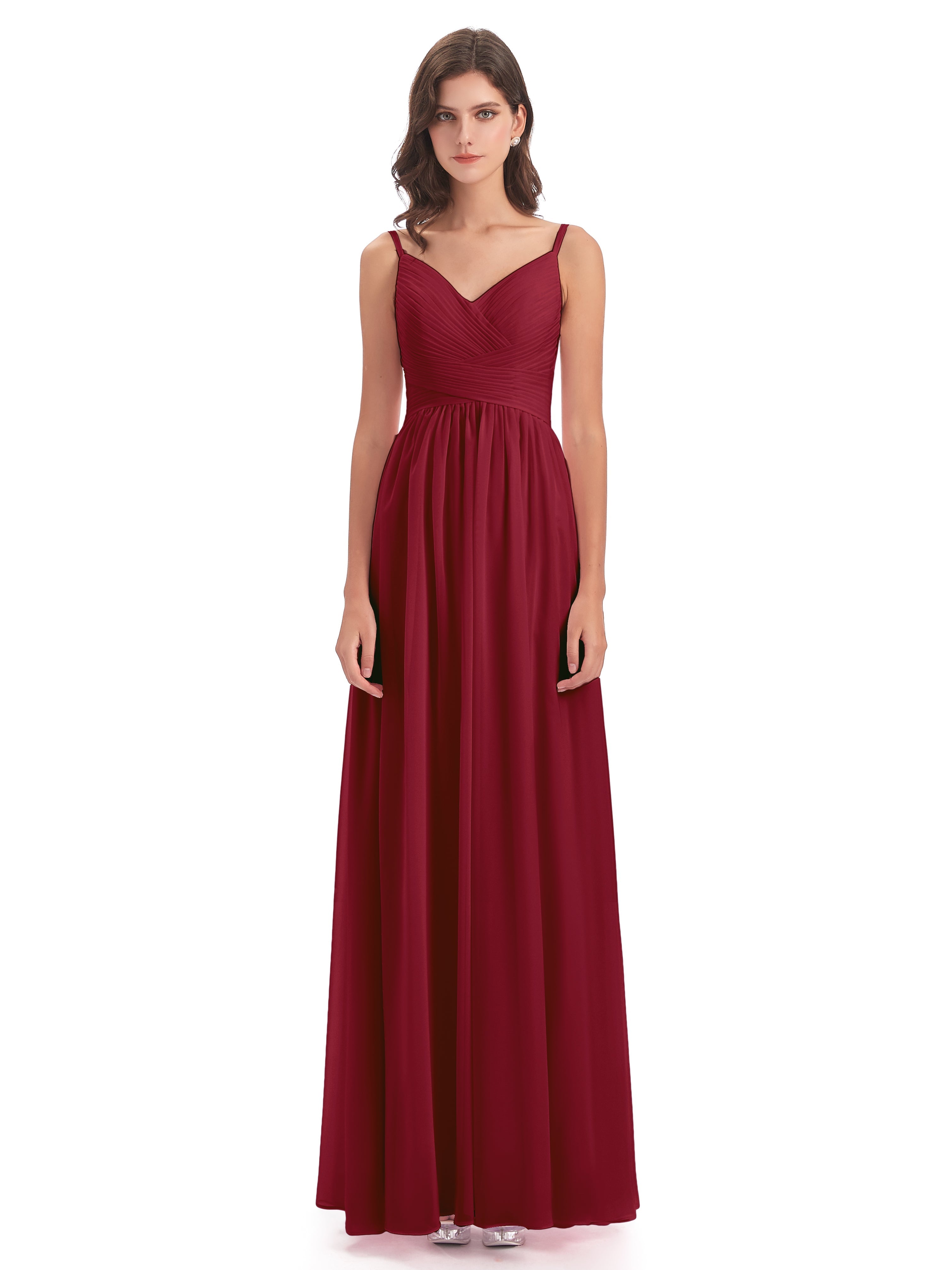 Robe Demoiselle D Honneur Bordeaux Bretelles Spaghetti Plis Dentelle Robes Demoiselle D'Honneur
