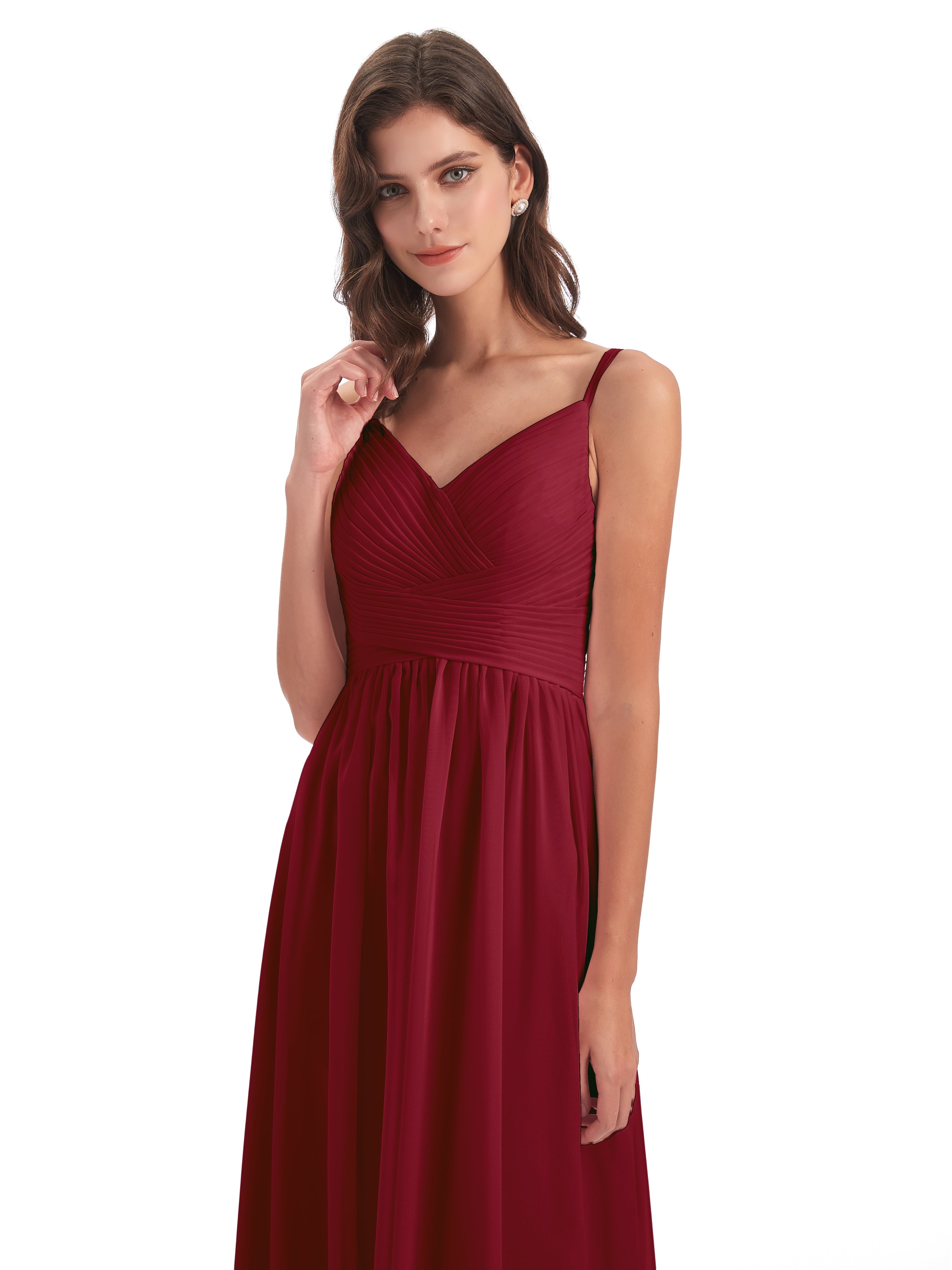 Robe Demoiselle D Honneur Bordeaux Bretelles Spaghetti Plis Dentelle Robes Demoiselle D'Honneur
