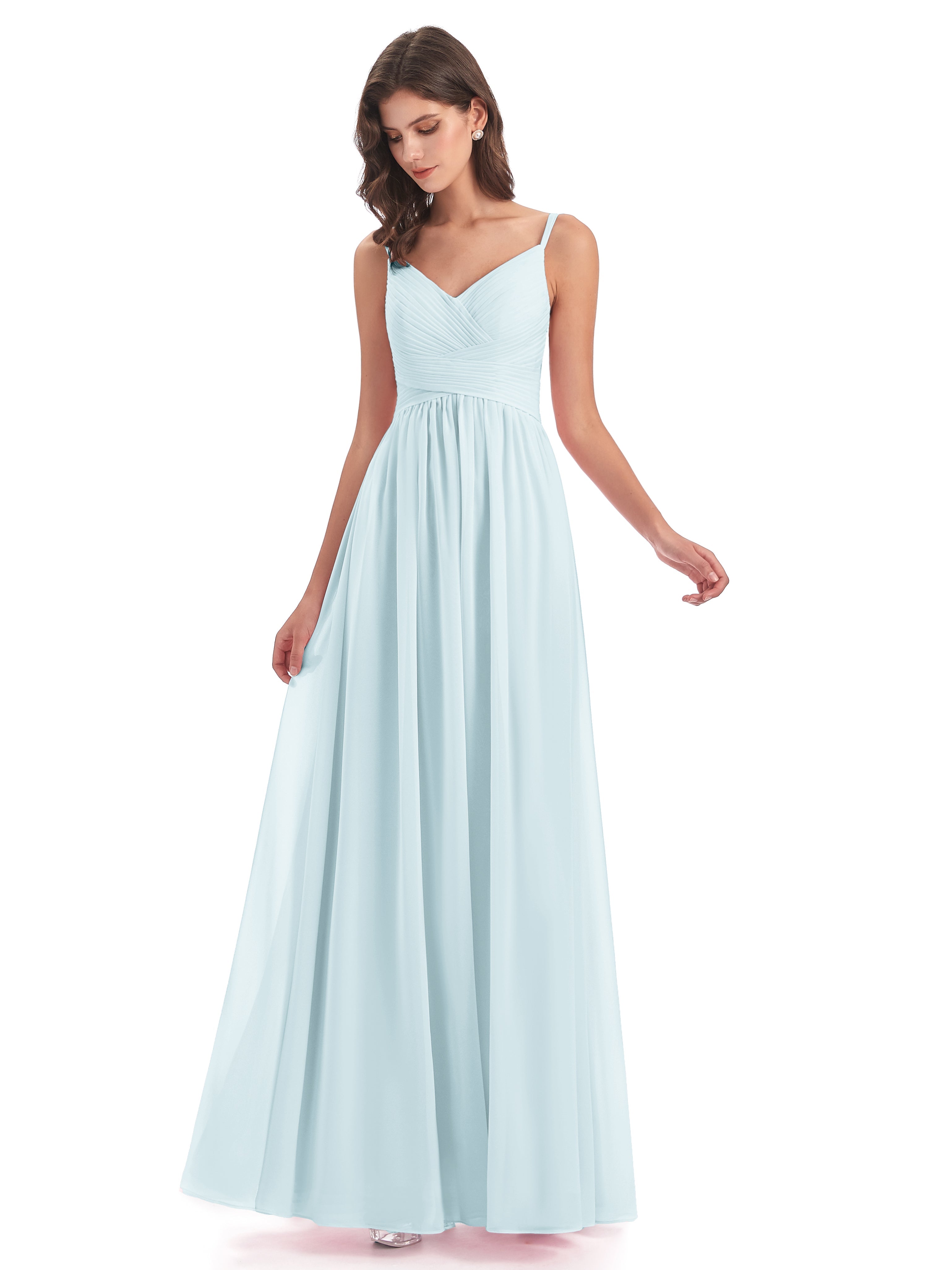 Robe De Demoiselle D'Honneur Brume Bretelles Spaghetti Plis Dentelle Robes Demoiselle D'Honneur