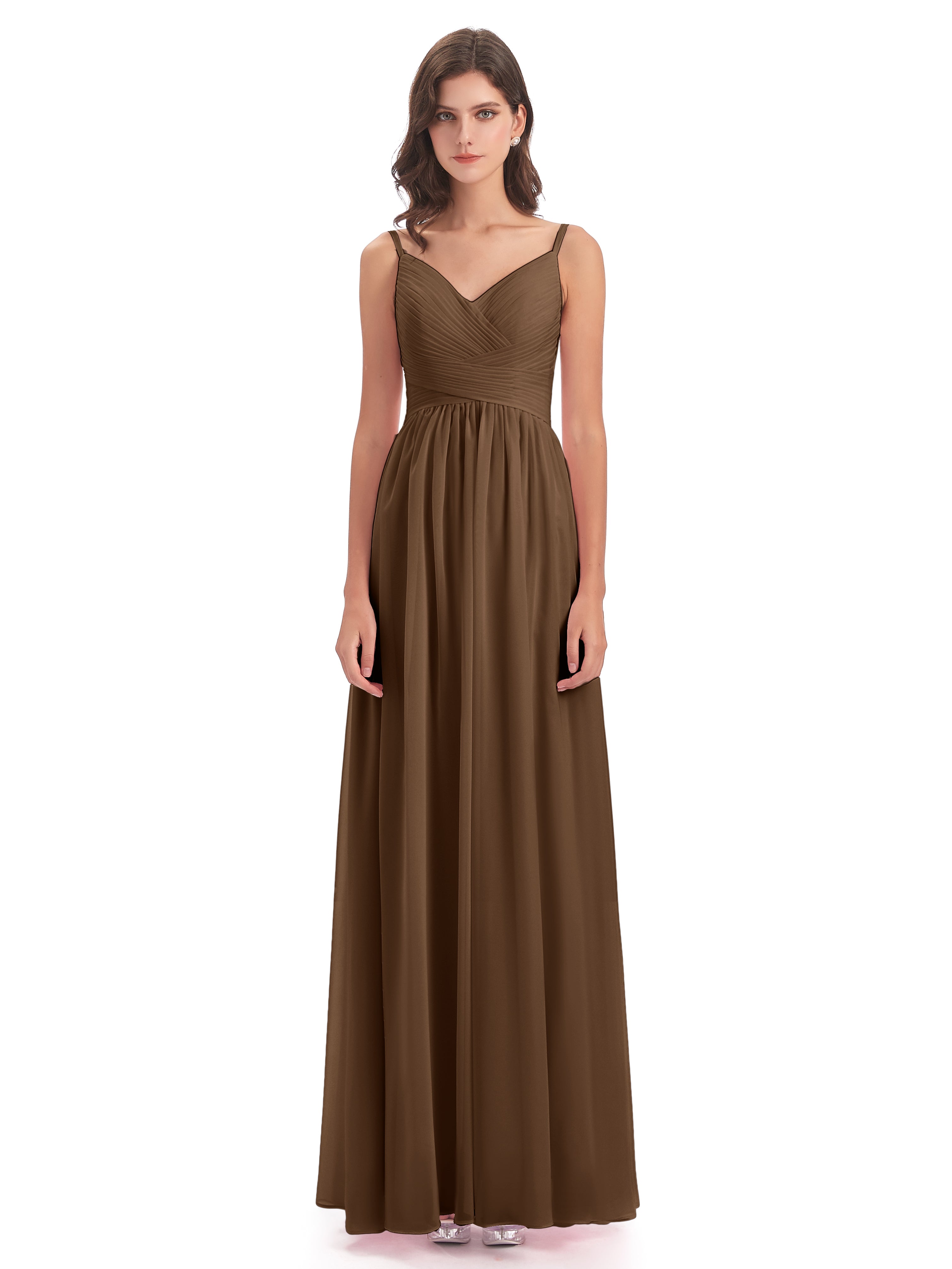 Robes De Demoiselle D'Honneur Brun Bretelles Spaghetti Plis Dentelle Robes Demoiselle D'Honneur