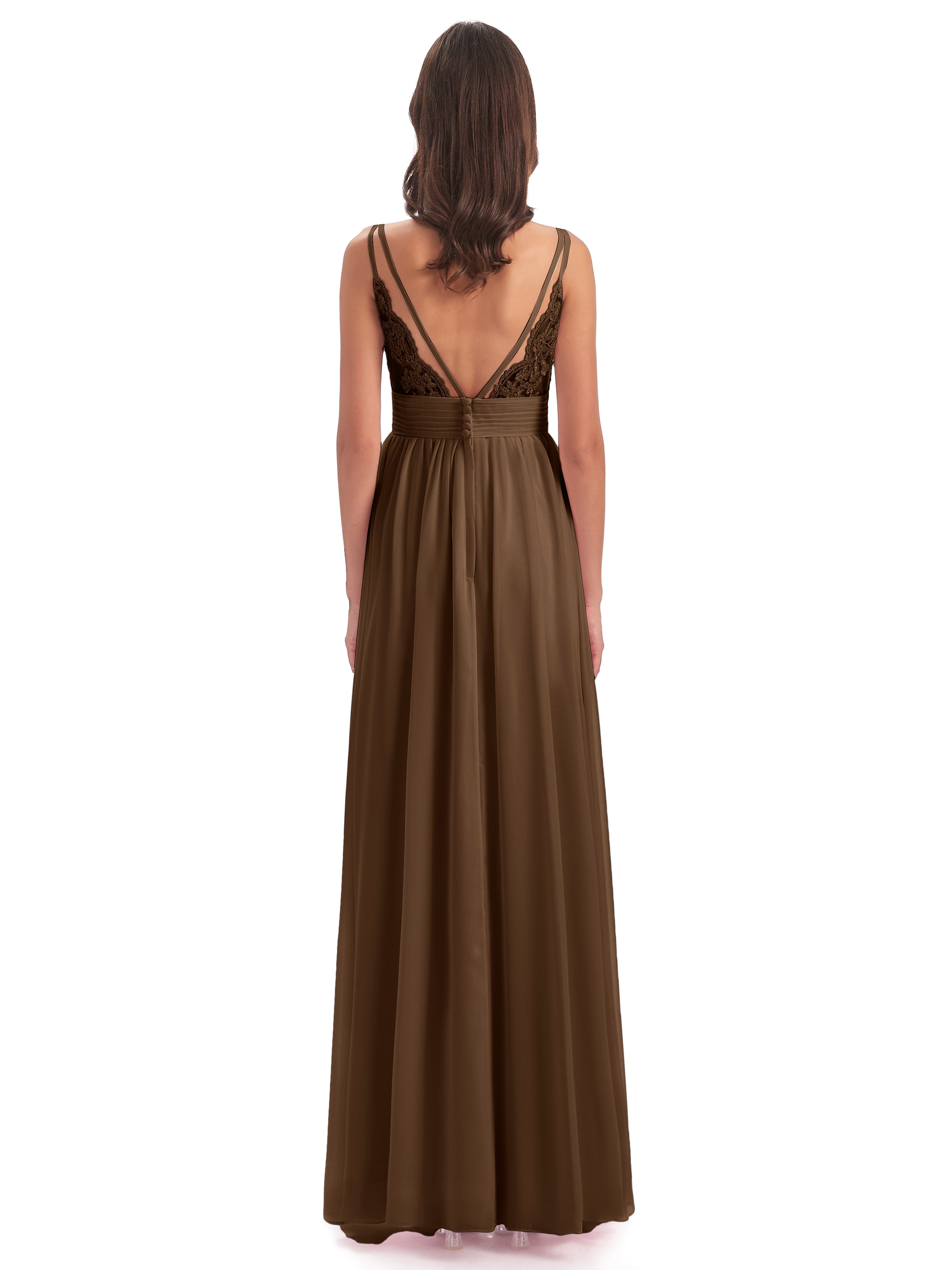 Robes De Demoiselle D'Honneur Brun Bretelles Spaghetti Plis Dentelle Robes Demoiselle D'Honneur