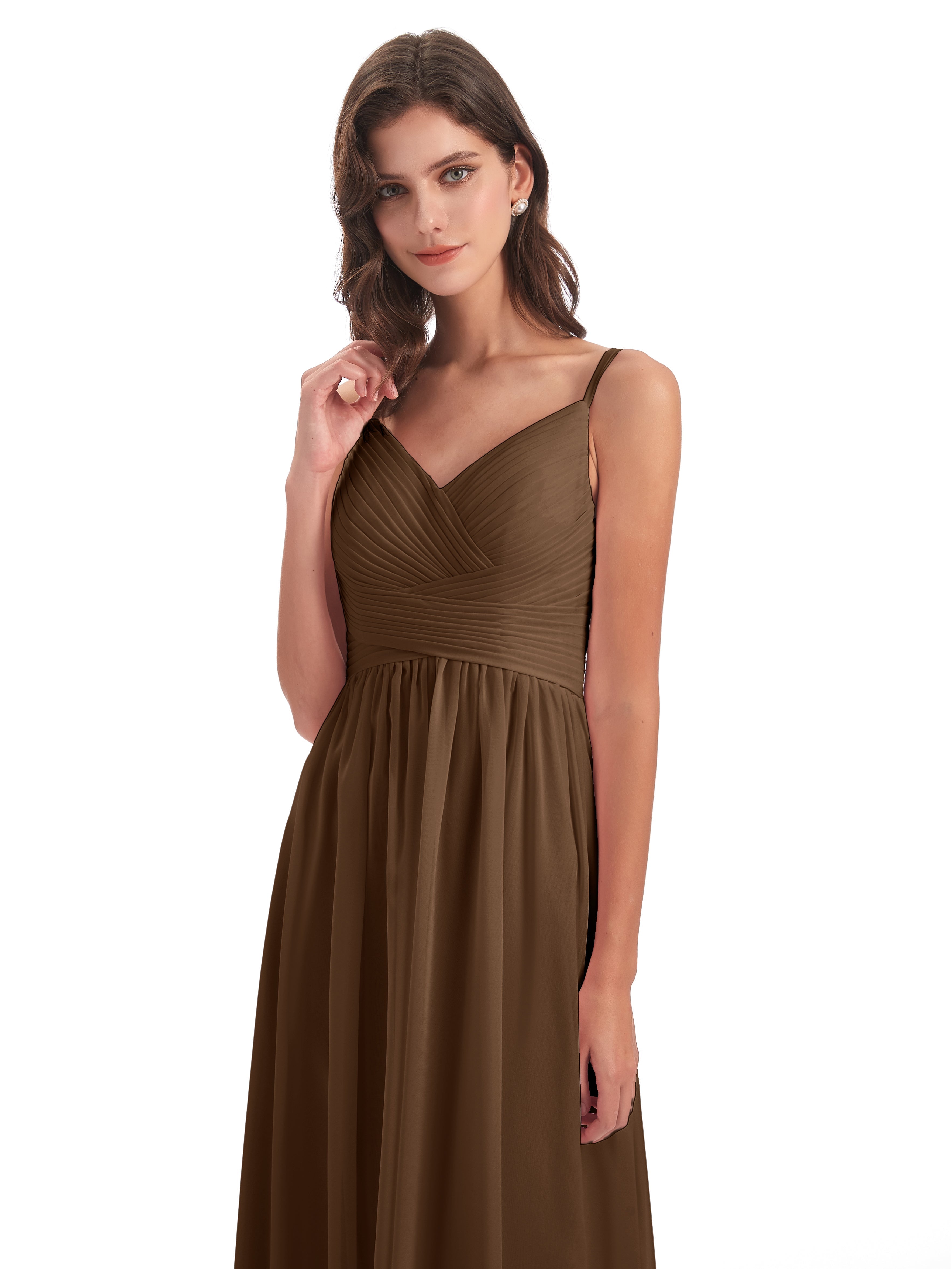 Robes De Demoiselle D'Honneur Brun Bretelles Spaghetti Plis Dentelle Robes Demoiselle D'Honneur