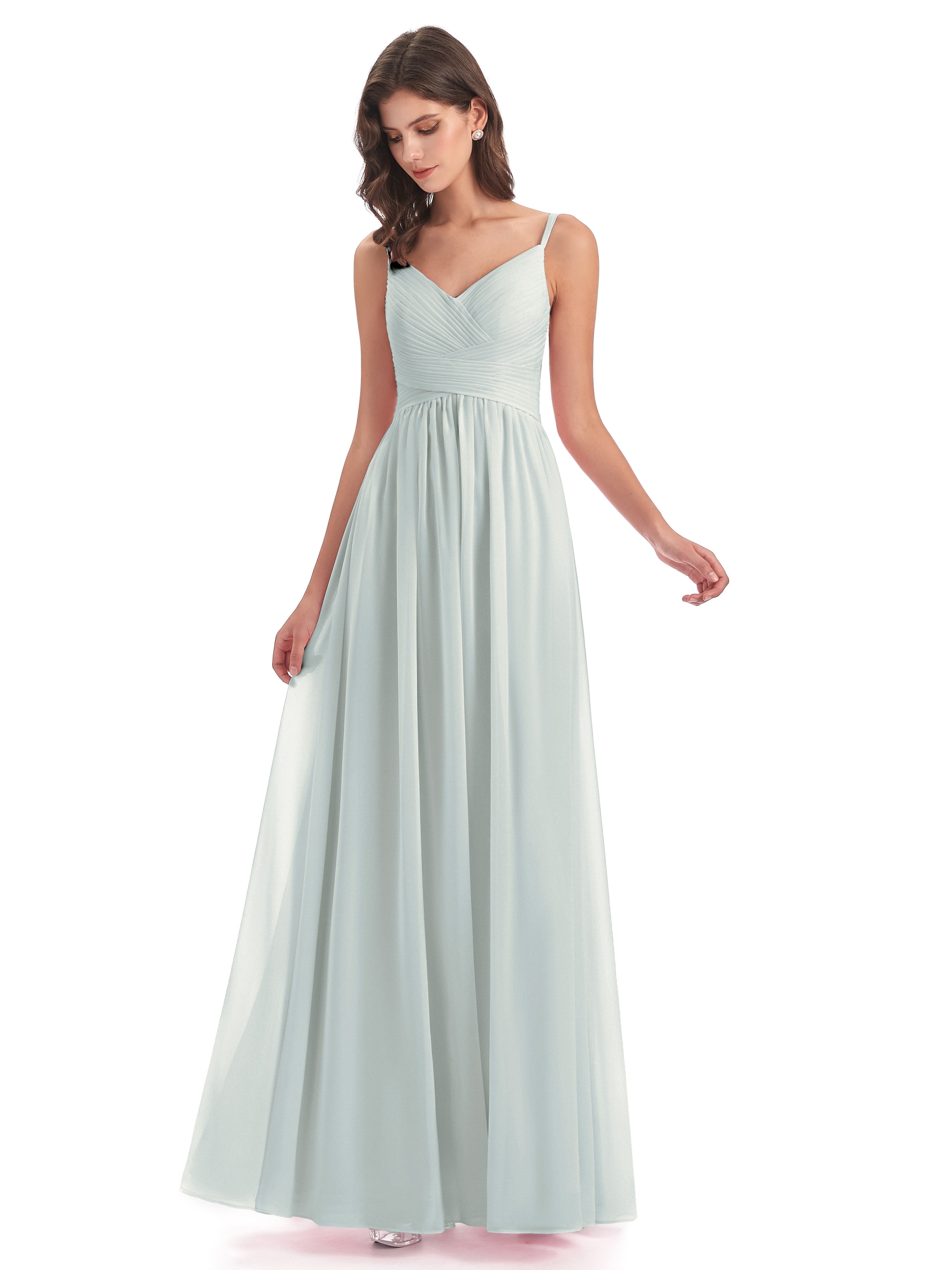 Robe Demoiselle D Honneur Vert Celadon Bretelles Spaghetti Plis Dentelle Robes Demoiselle D'Honneur
