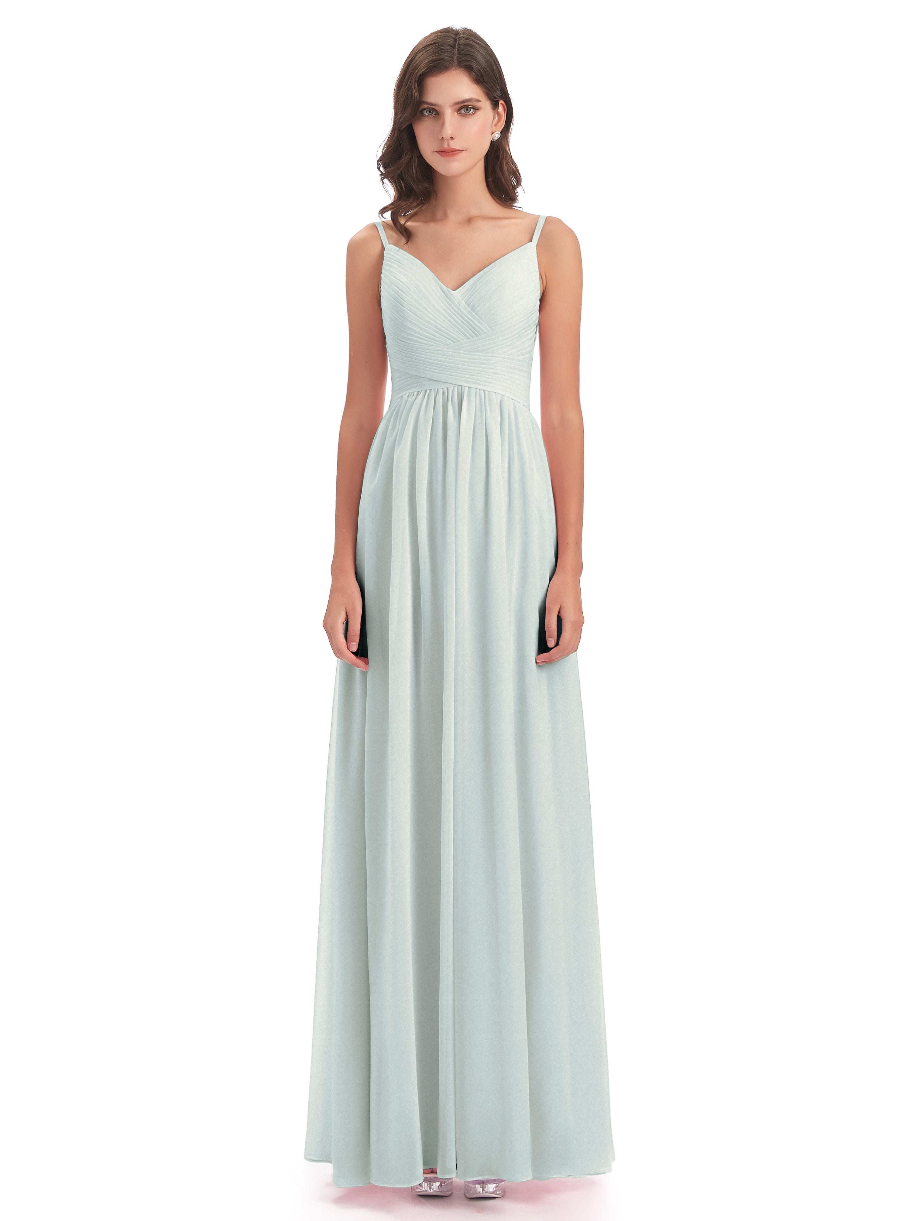 Robe Demoiselle D Honneur Vert Celadon Bretelles Spaghetti Plis Dentelle Robes Demoiselle D'Honneur