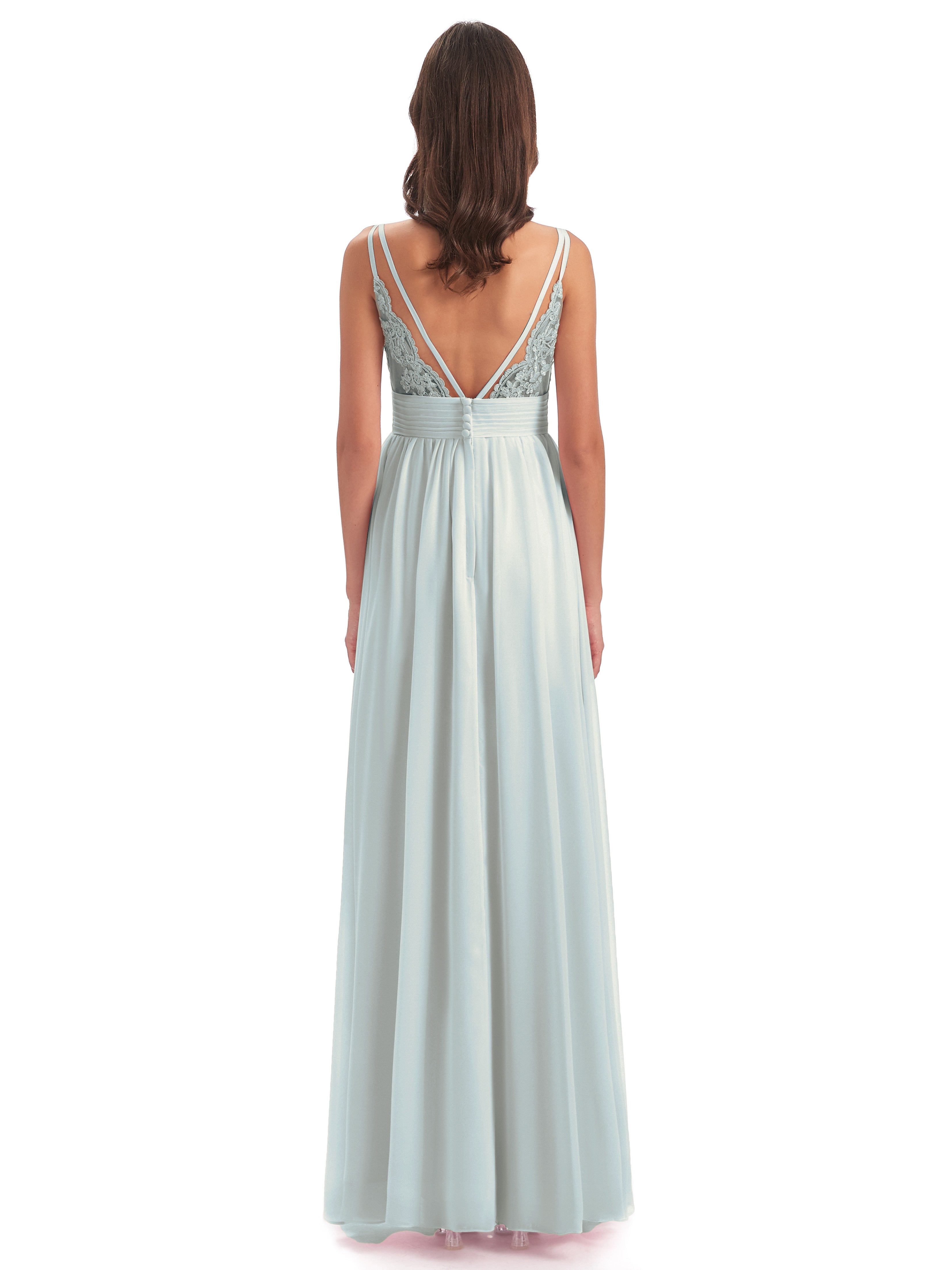 Robe Demoiselle D Honneur Vert Celadon Bretelles Spaghetti Plis Dentelle Robes Demoiselle D'Honneur