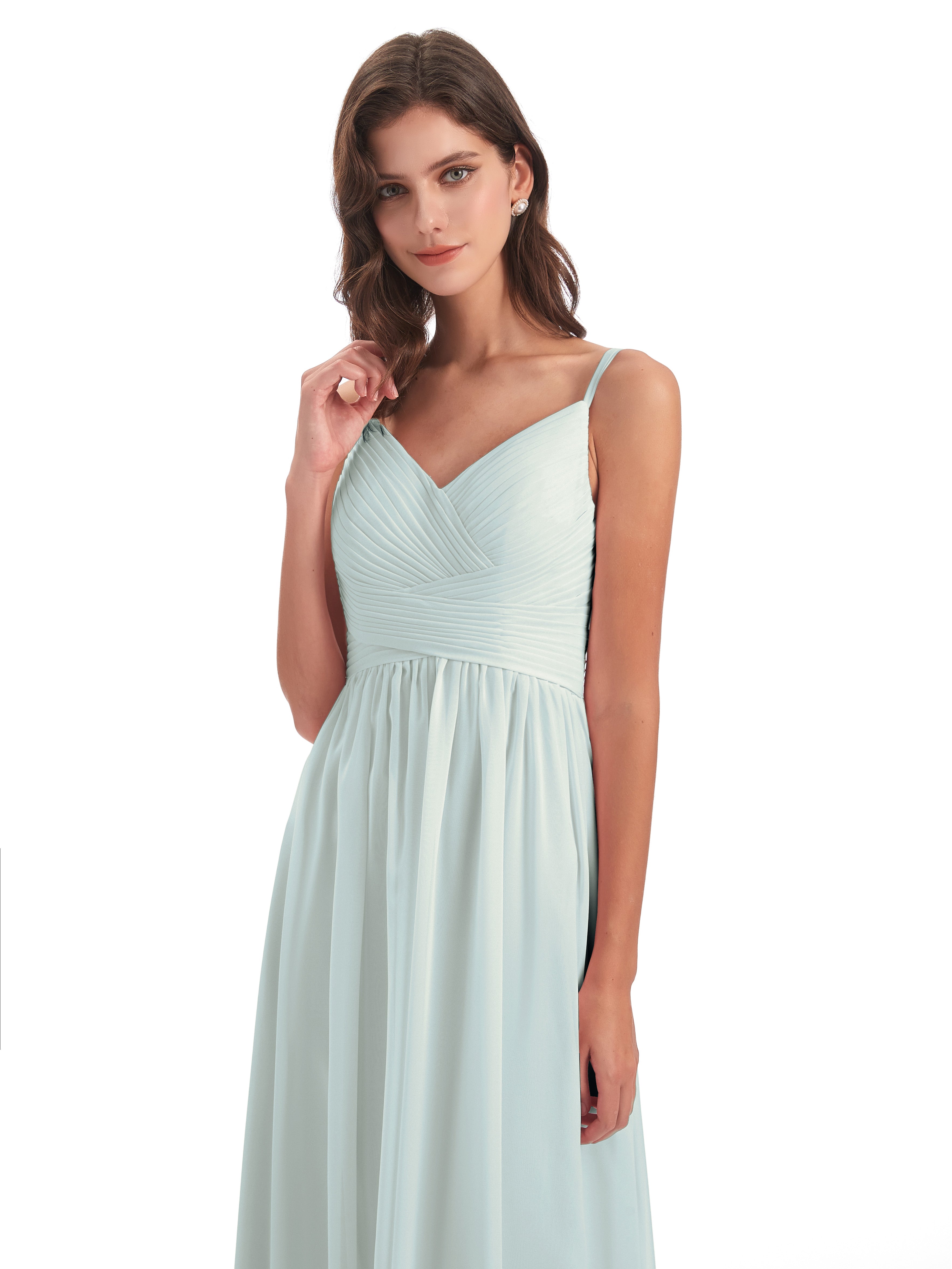 Robe Demoiselle D Honneur Vert Celadon Bretelles Spaghetti Plis Dentelle Robes Demoiselle D'Honneur