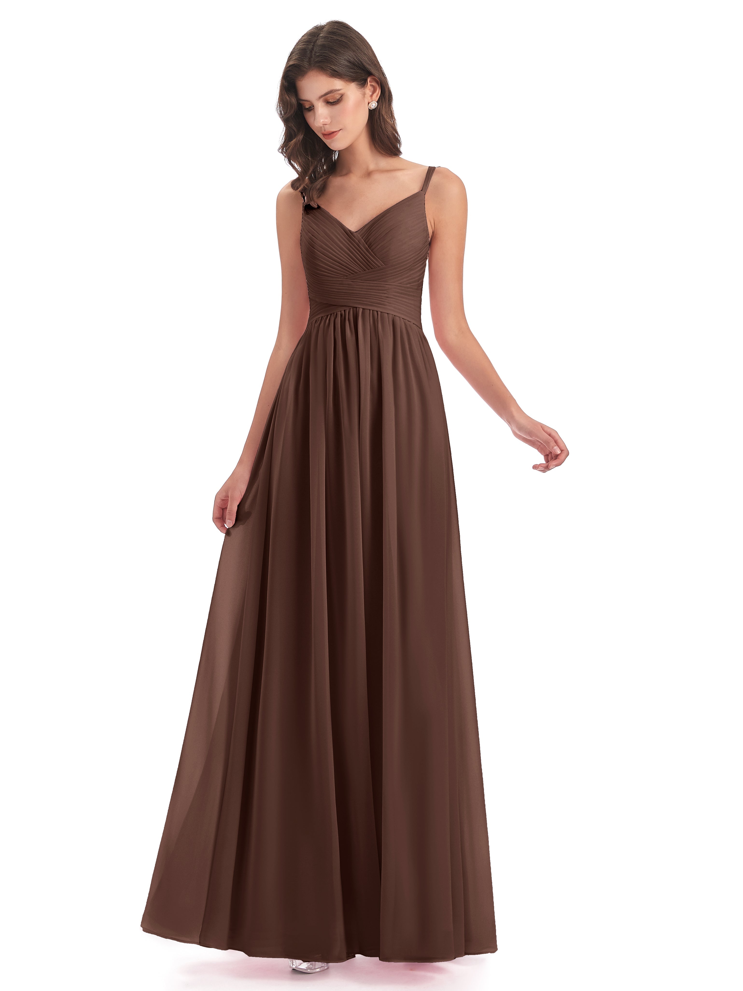 Robes De Demoiselle D'Honneur En Chocolat Bretelles Spaghetti Plis Dentelle Robes Demoiselle D'Honneur