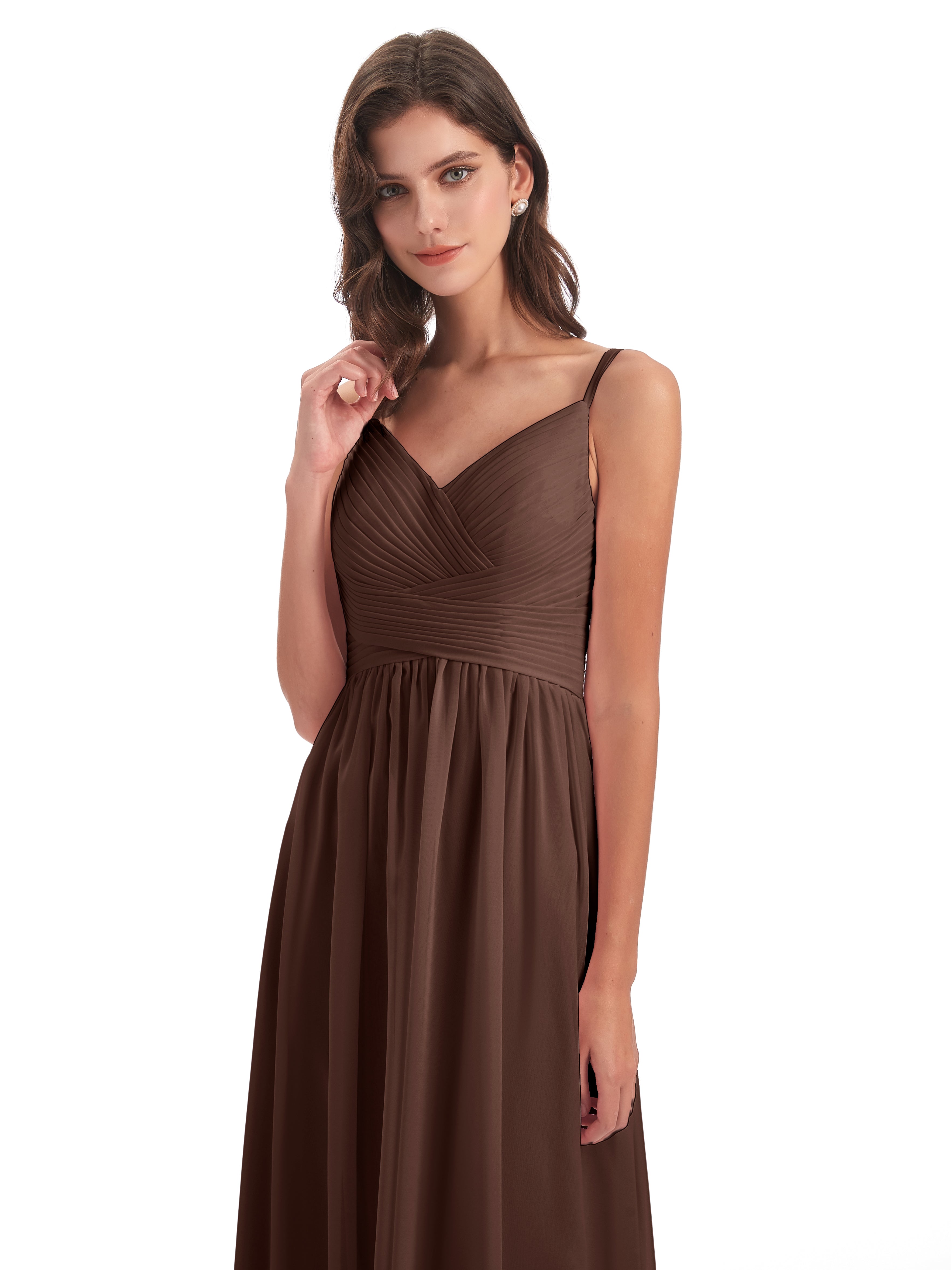 Robes De Demoiselle D'Honneur En Chocolat Bretelles Spaghetti Plis Dentelle Robes Demoiselle D'Honneur