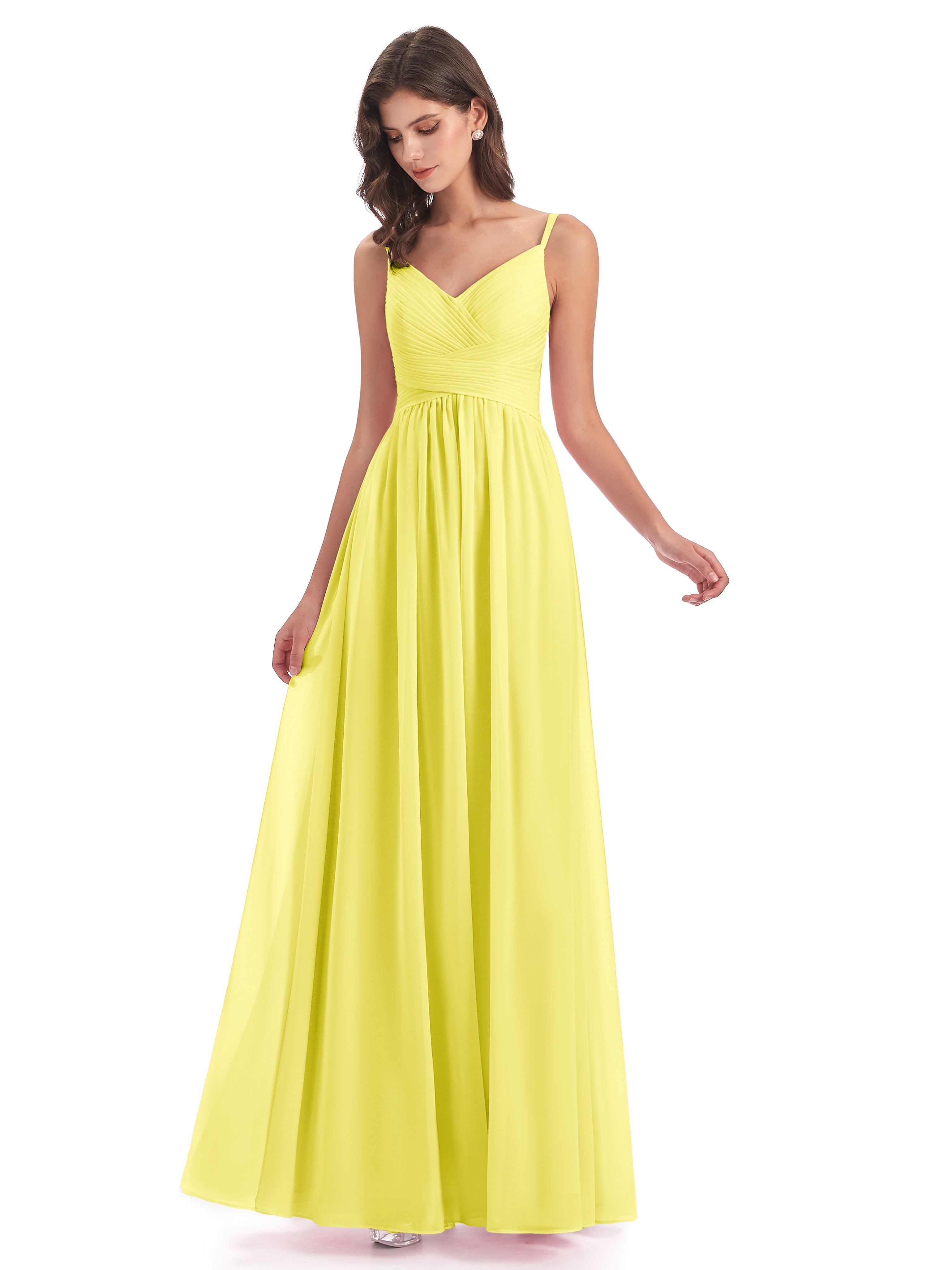 Robes De Demoiselle D'Honneur Citron Bretelles Spaghetti Plis Dentelle Robes Demoiselle D'Honneur