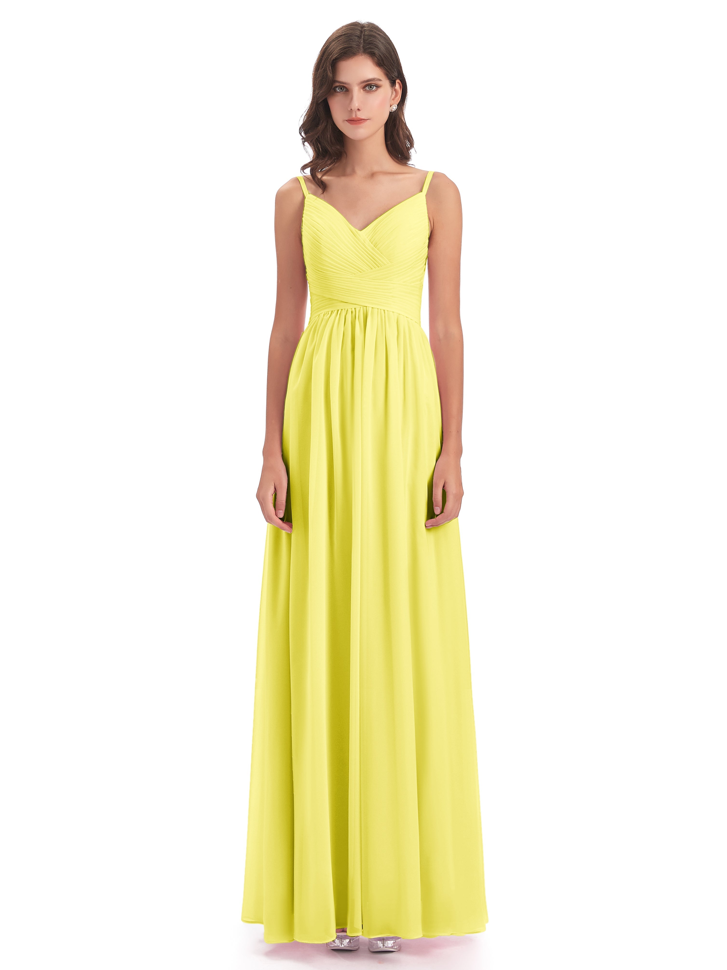 Robes De Demoiselle D'Honneur Citron Bretelles Spaghetti Plis Dentelle Robes Demoiselle D'Honneur