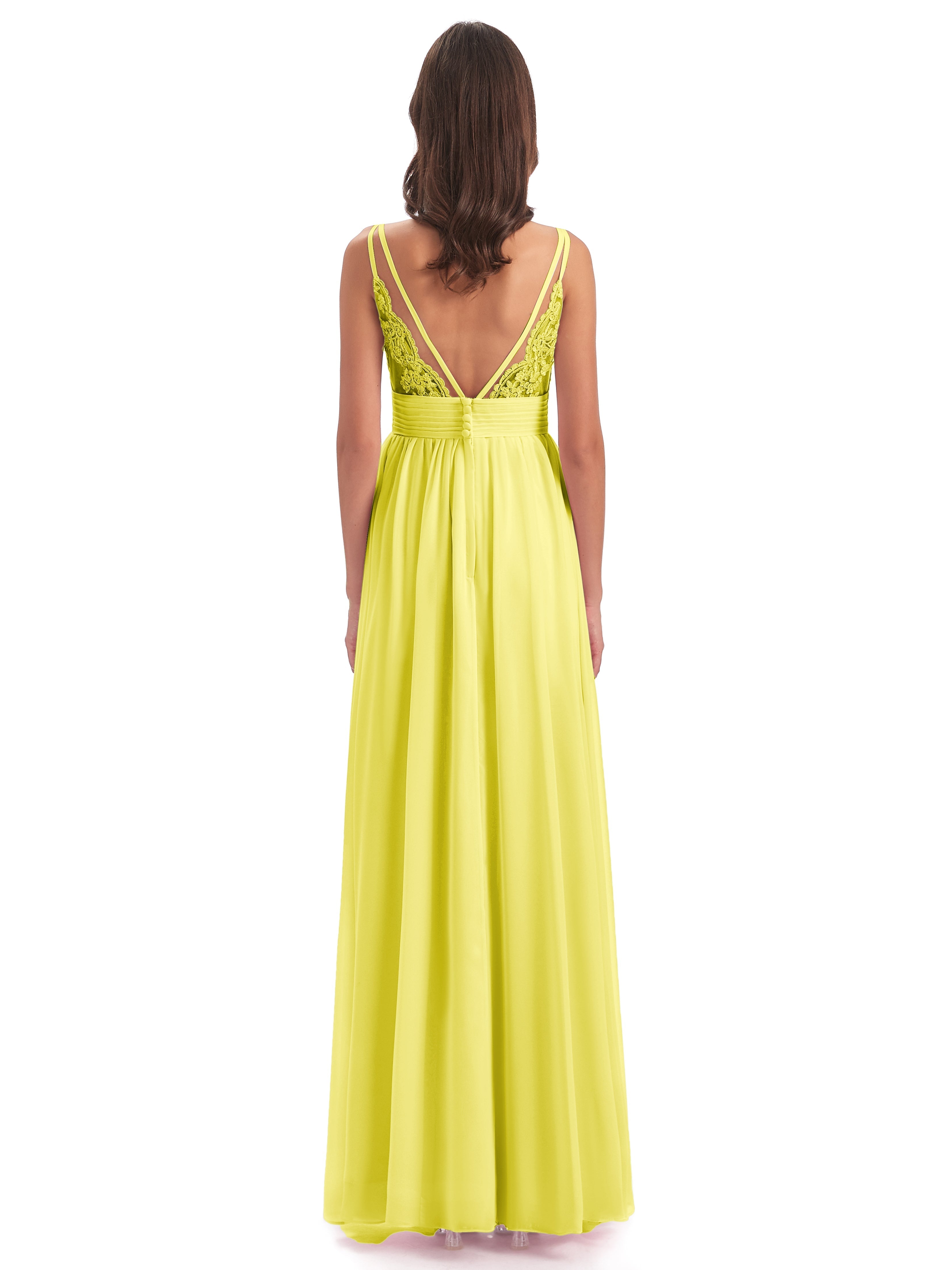 Robes De Demoiselle D'Honneur Citron Bretelles Spaghetti Plis Dentelle Robes Demoiselle D'Honneur