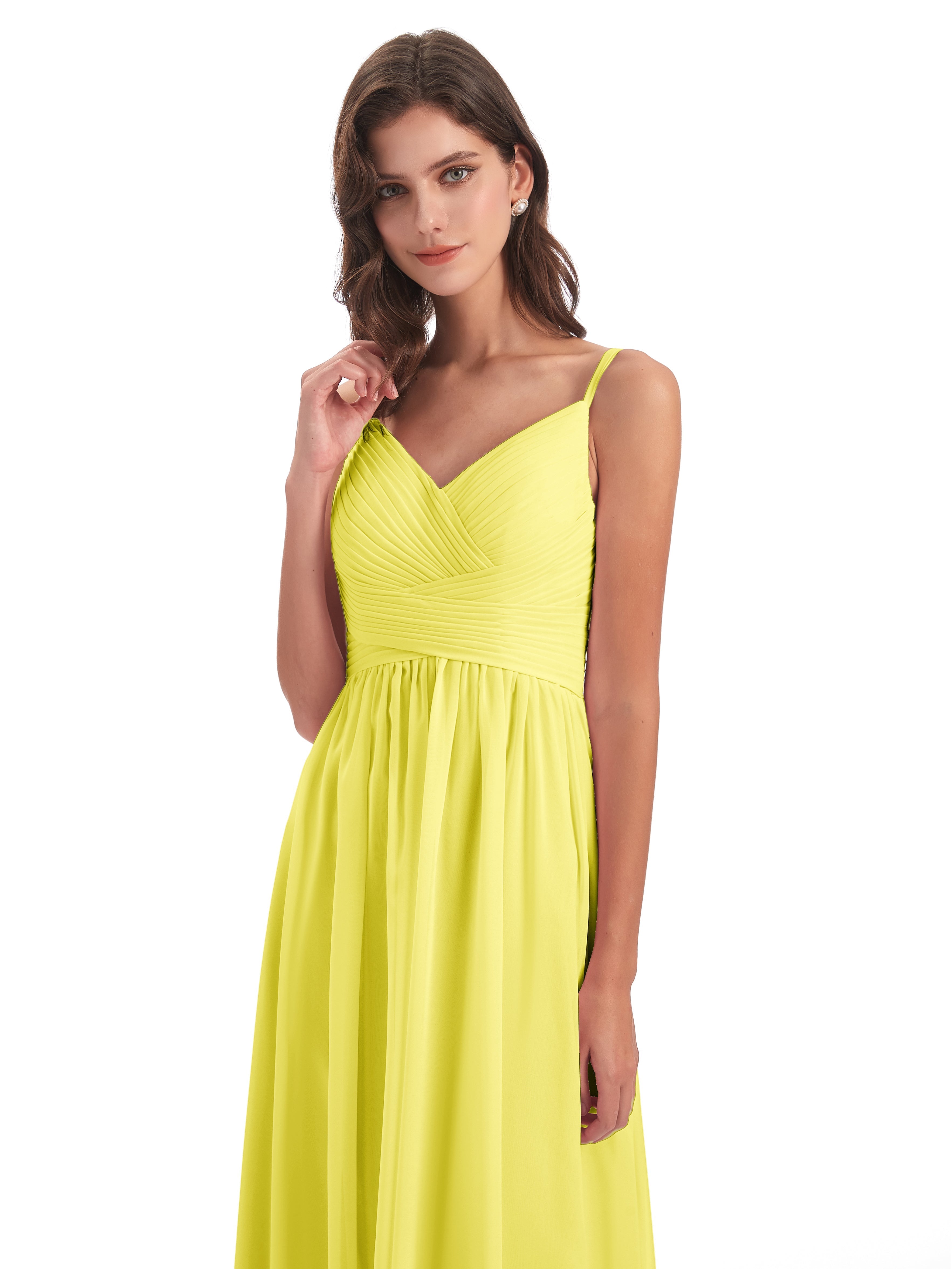 Robes De Demoiselle D'Honneur Citron Bretelles Spaghetti Plis Dentelle Robes Demoiselle D'Honneur