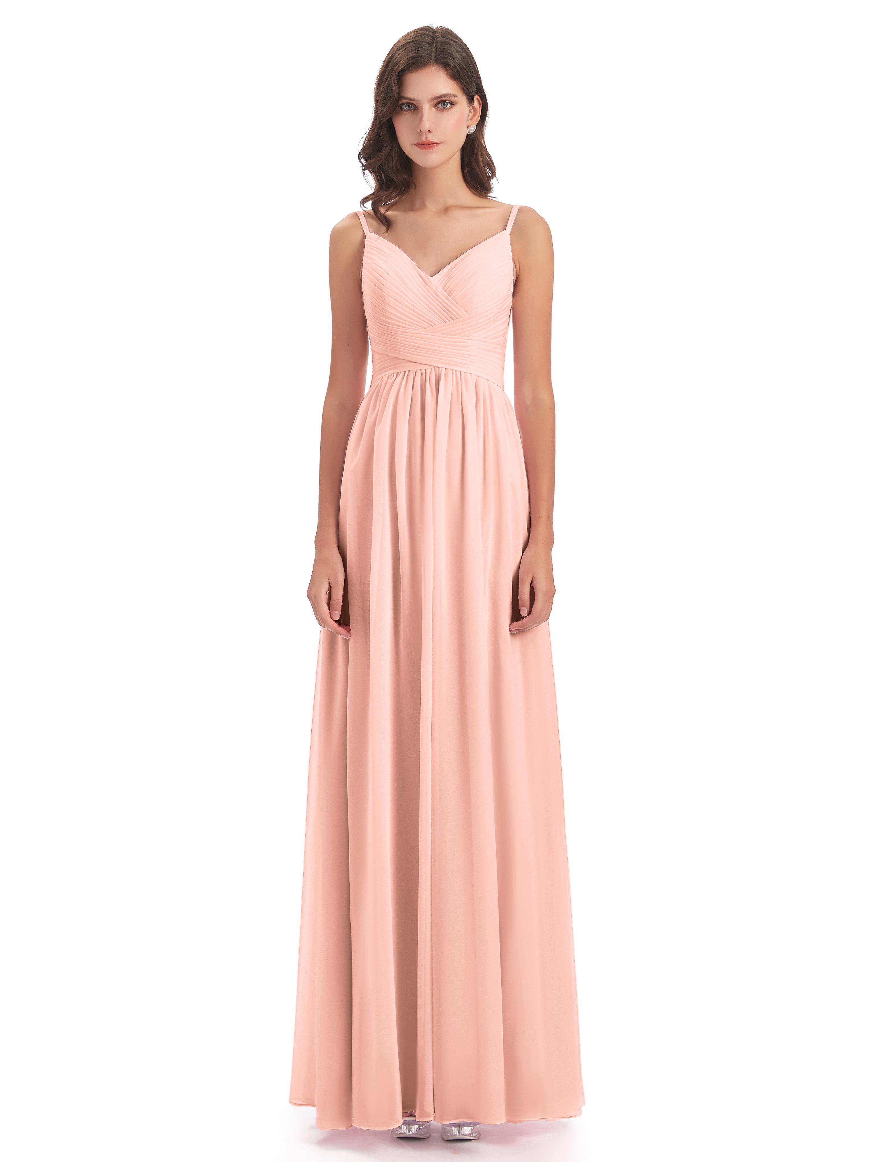 Robe Demoiselle D Honneur Couleur Corail Bretelles Spaghetti Plis Dentelle Robes Demoiselle D'Honneur