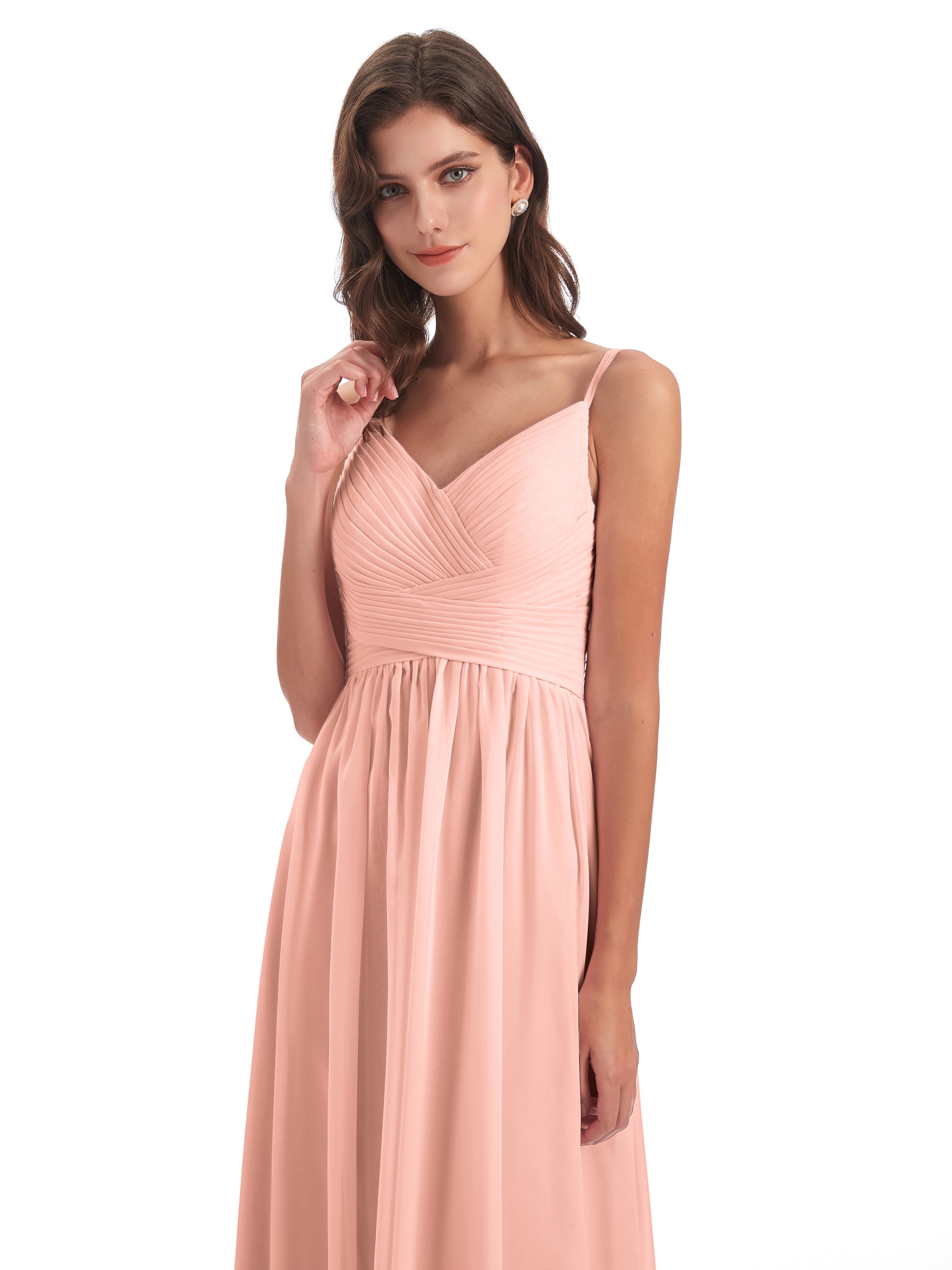 Robe Demoiselle D Honneur Couleur Corail Bretelles Spaghetti Plis Dentelle Robes Demoiselle D'Honneur