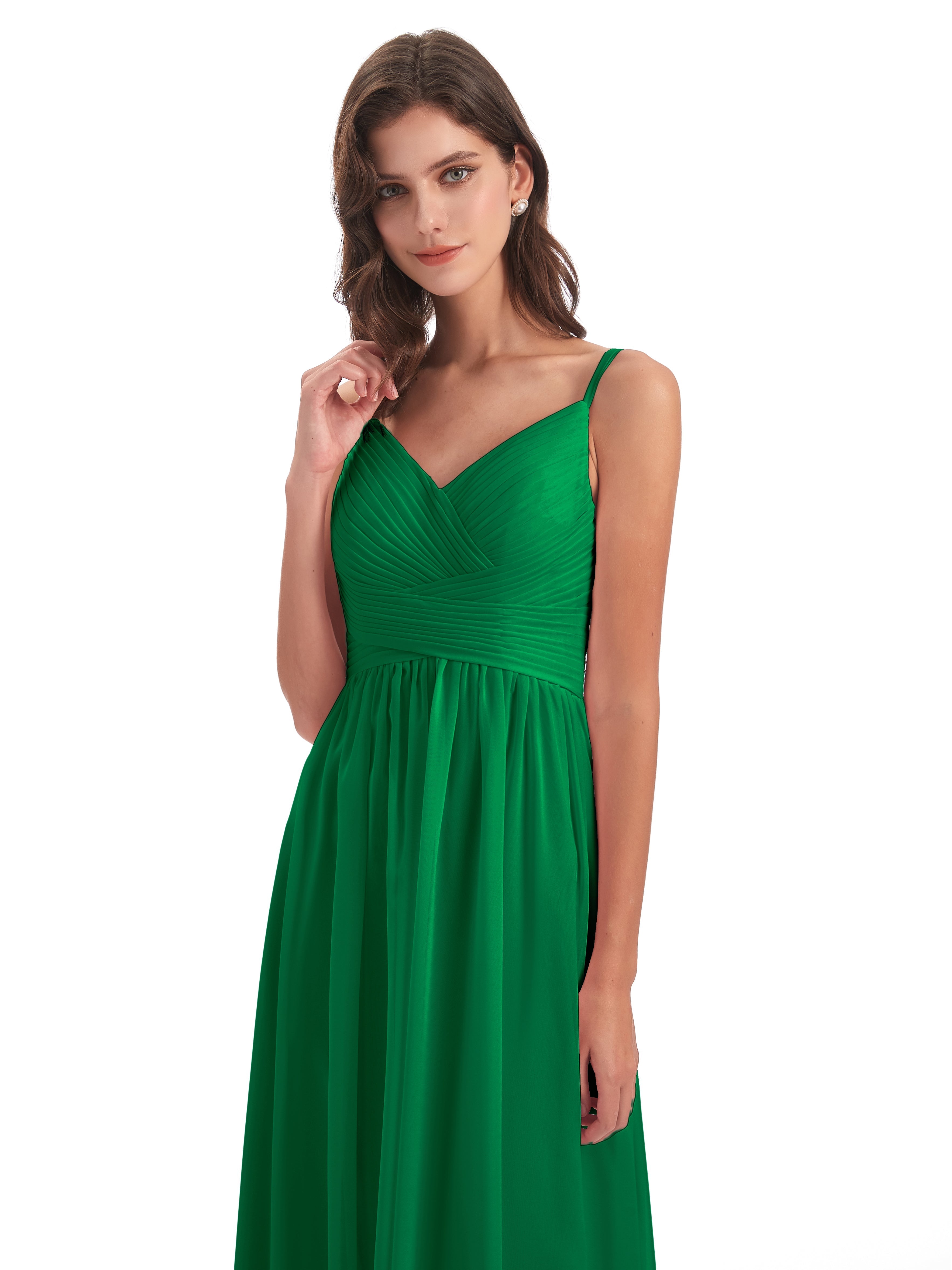 Robe Demoiselle D Honneur Vert Émeraude Bretelles Spaghetti Plis Dentelle Robes Demoiselle D'Honneur