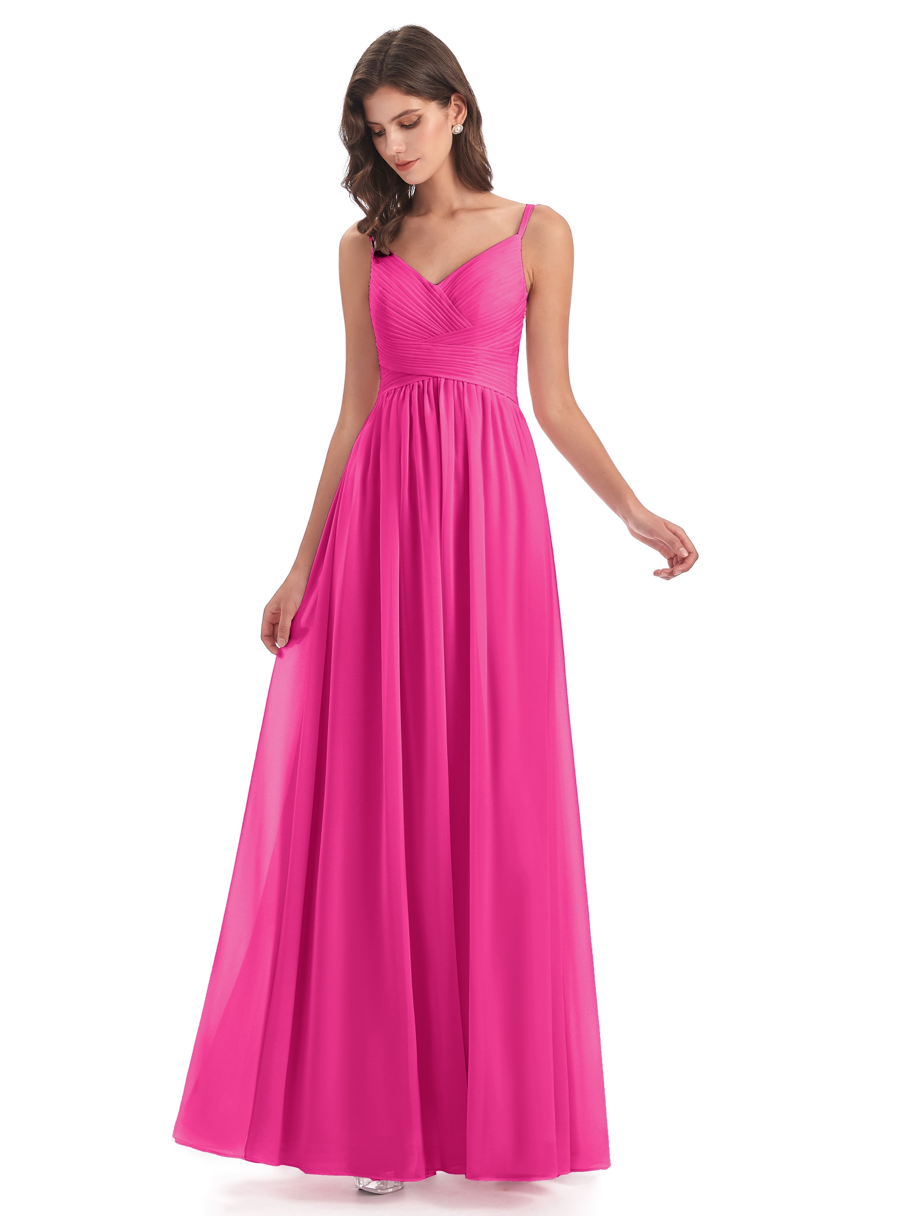 Robe Demoiselle D Honneur Rose Fuchsia Bretelles Spaghetti Plis Dentelle Robes Demoiselle D'Honneur