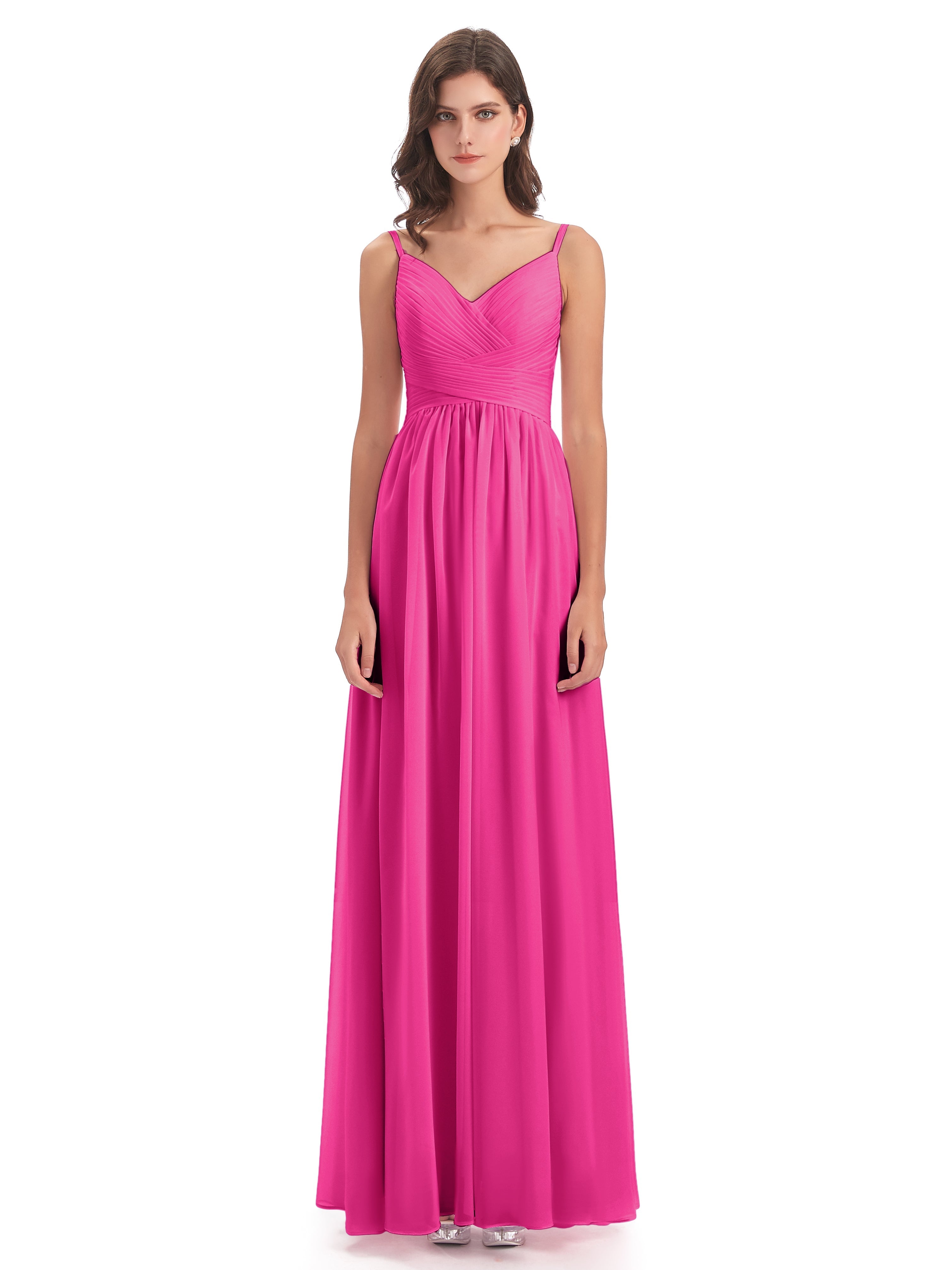 Robe Demoiselle D Honneur Rose Fuchsia Bretelles Spaghetti Plis Dentelle Robes Demoiselle D'Honneur