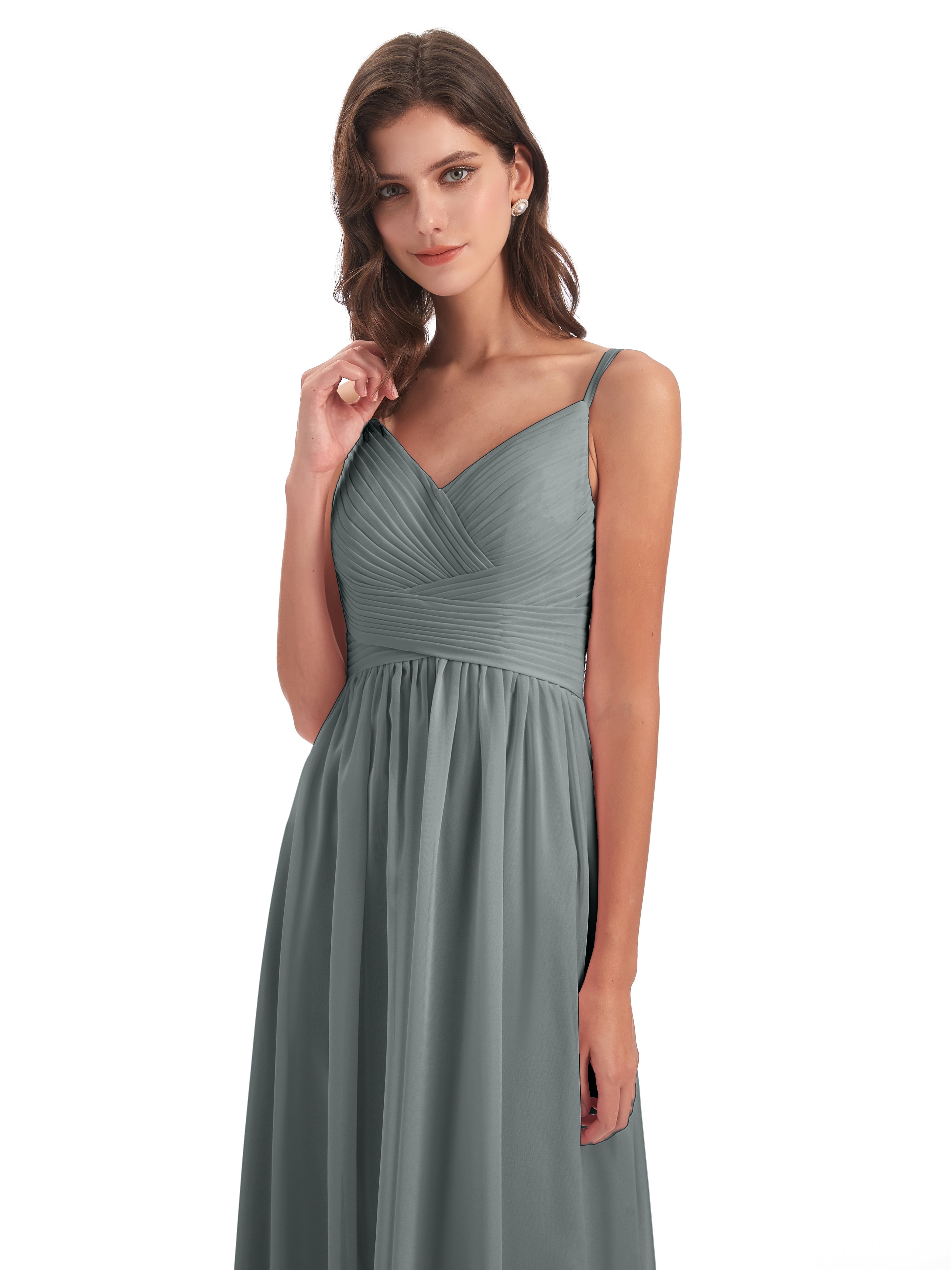 Demoiselle D Honneur Robe Grise Bretelles Spaghetti Plis Dentelle Robes Demoiselle D'Honneur