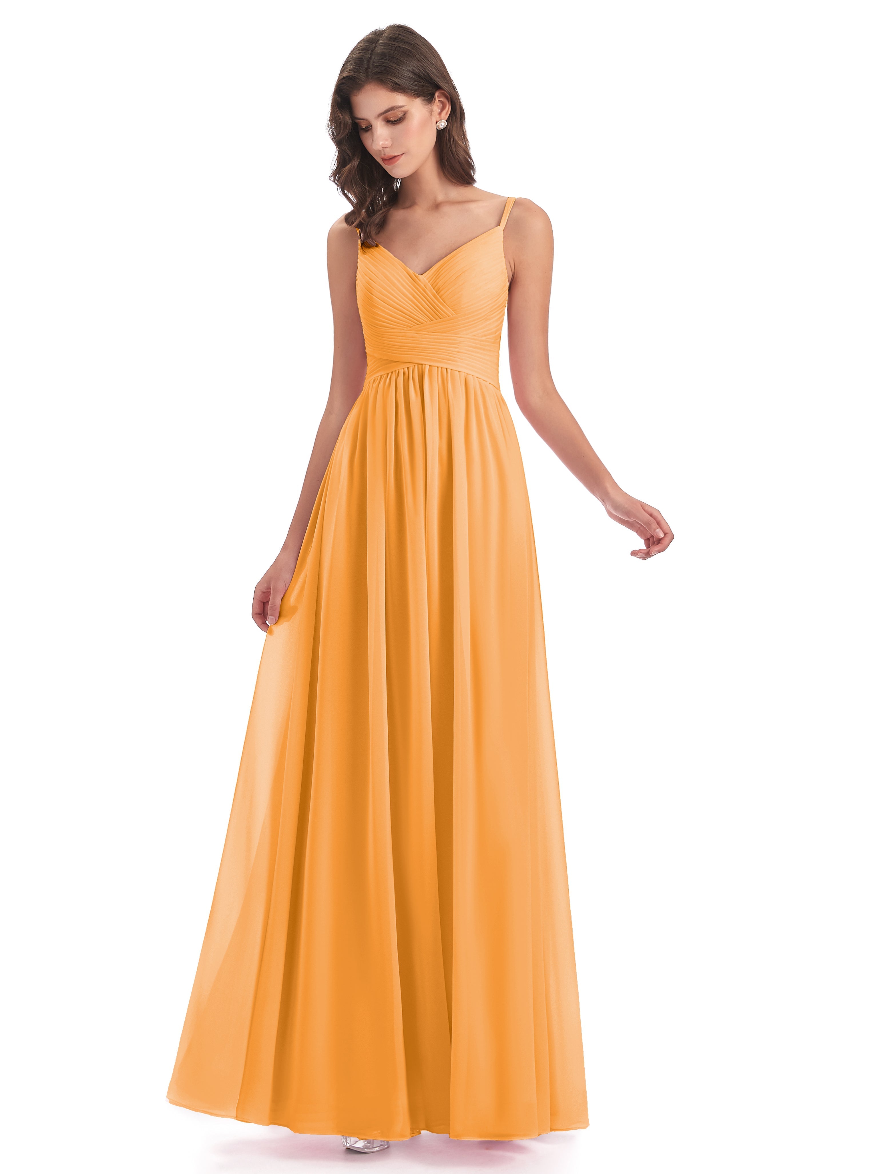 Robes De Demoiselle D'Honneur Mandarine Bretelles Spaghetti Plis Dentelle Robes Demoiselle D'Honneur