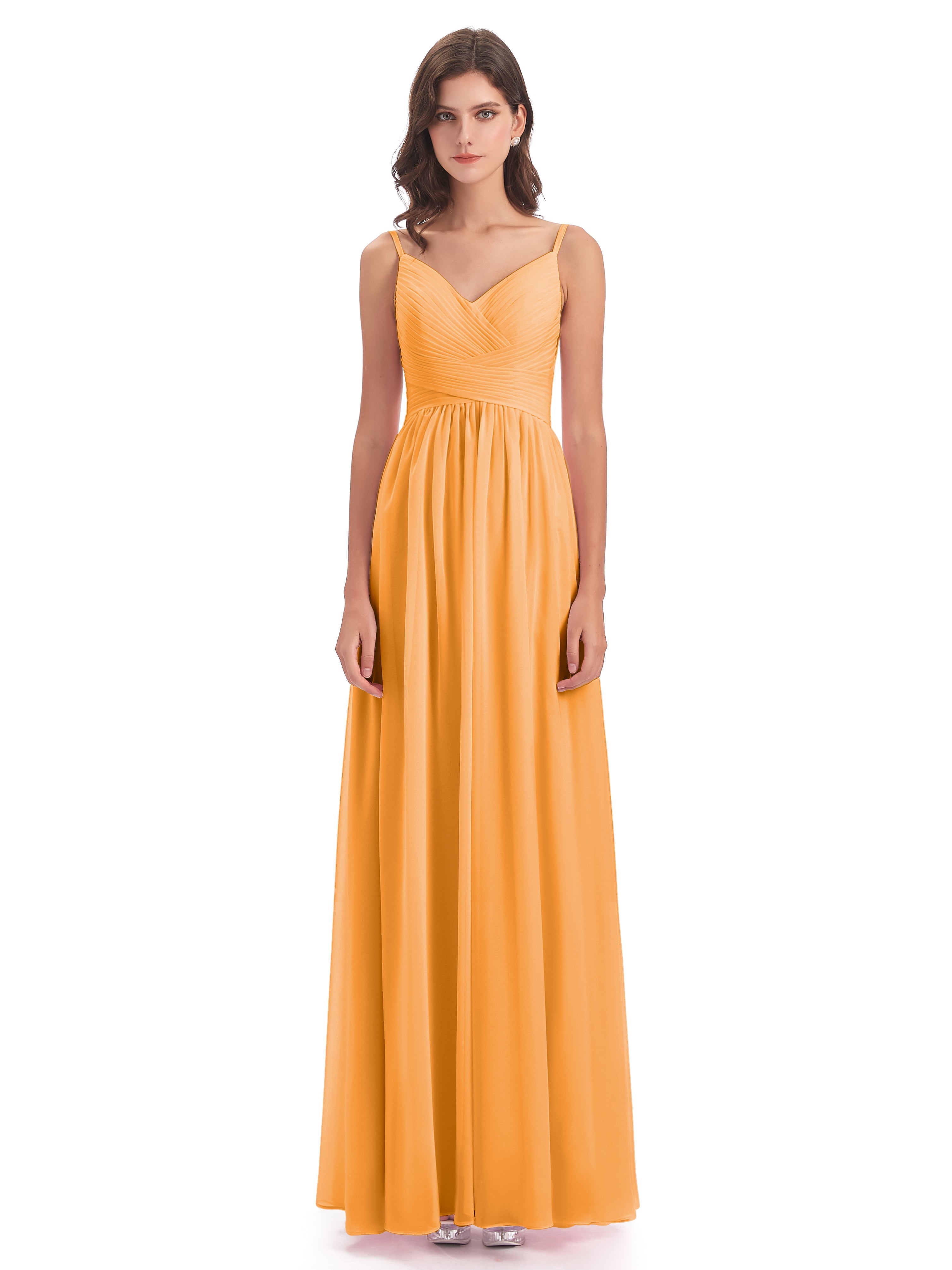 Robes De Demoiselle D'Honneur Mandarine Bretelles Spaghetti Plis Dentelle Robes Demoiselle D'Honneur