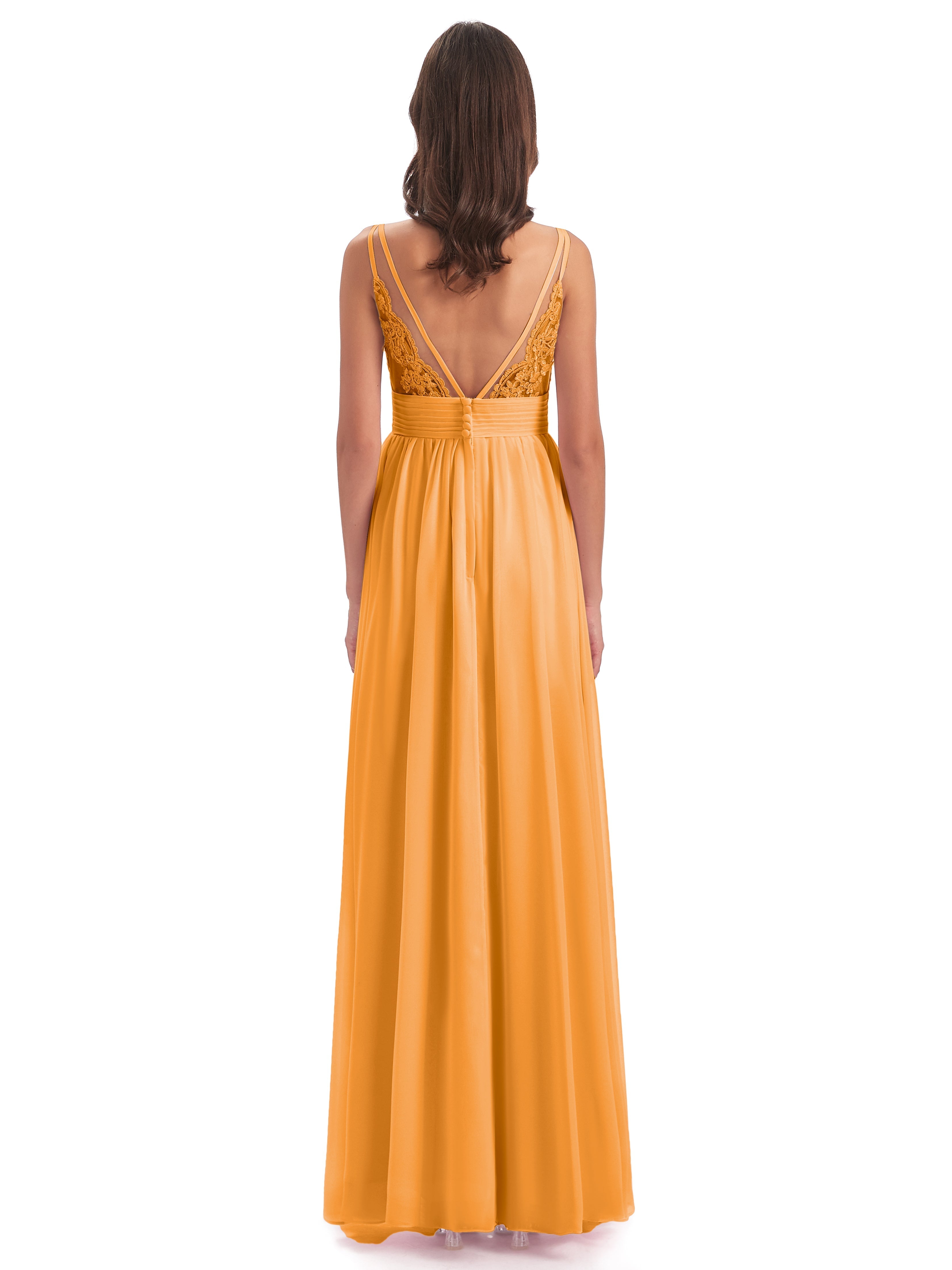 Robes De Demoiselle D'Honneur Mandarine Bretelles Spaghetti Plis Dentelle Robes Demoiselle D'Honneur