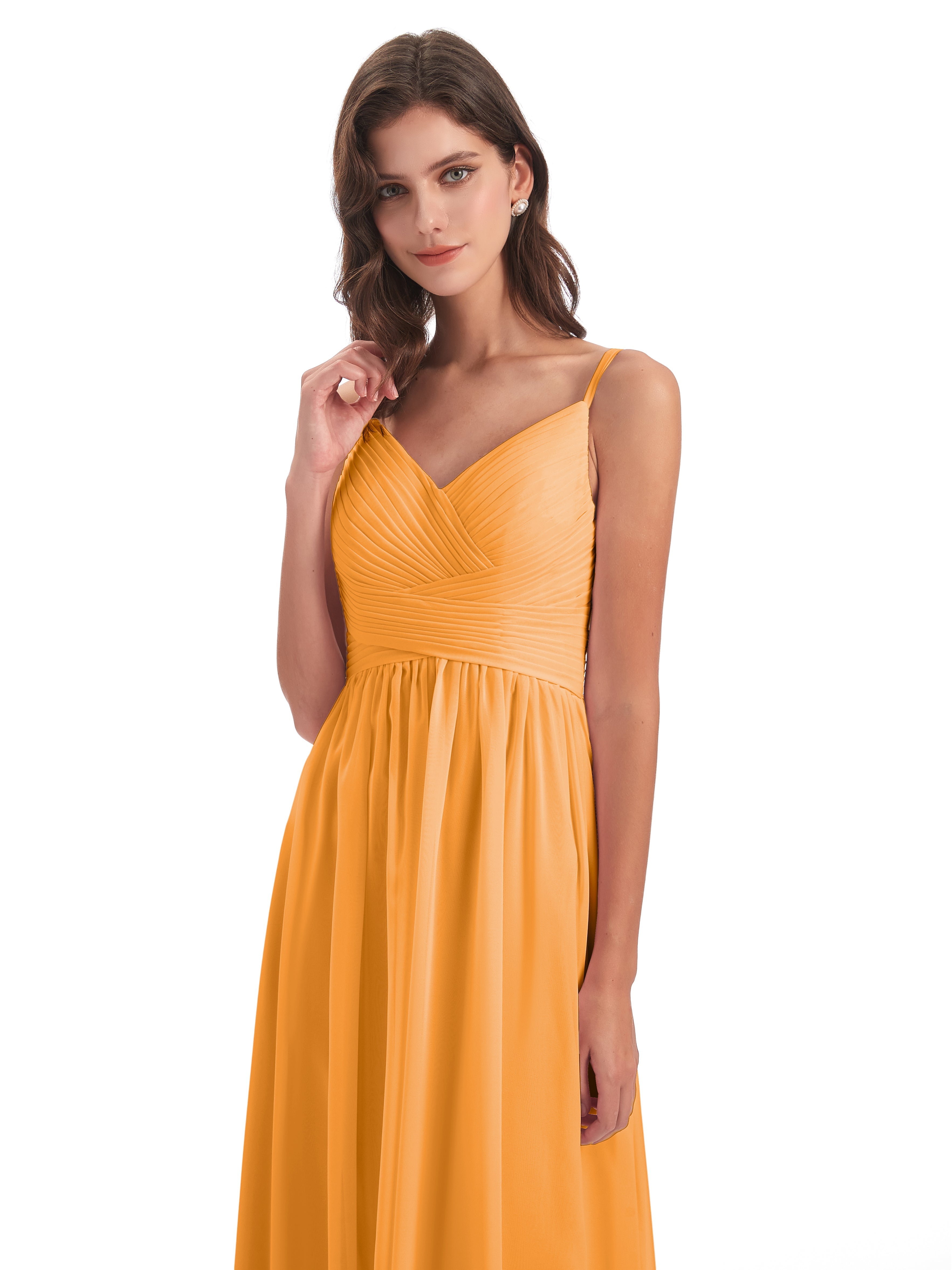 Robes De Demoiselle D'Honneur Mandarine Bretelles Spaghetti Plis Dentelle Robes Demoiselle D'Honneur