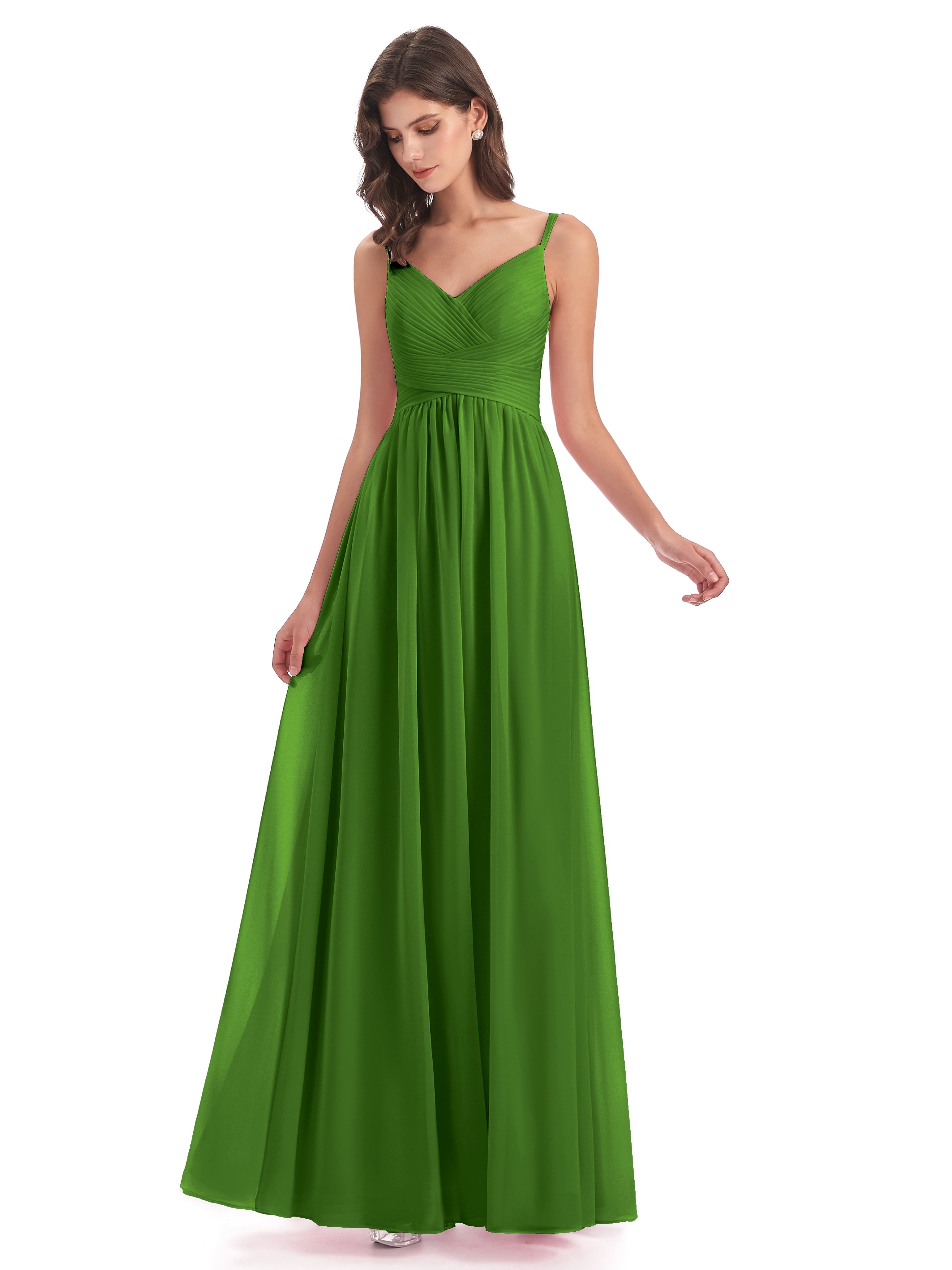Robes De Demoiselle D'Honneur Vert Mousse Bretelles Spaghetti Plis Dentelle Robes Demoiselle D'Honneur