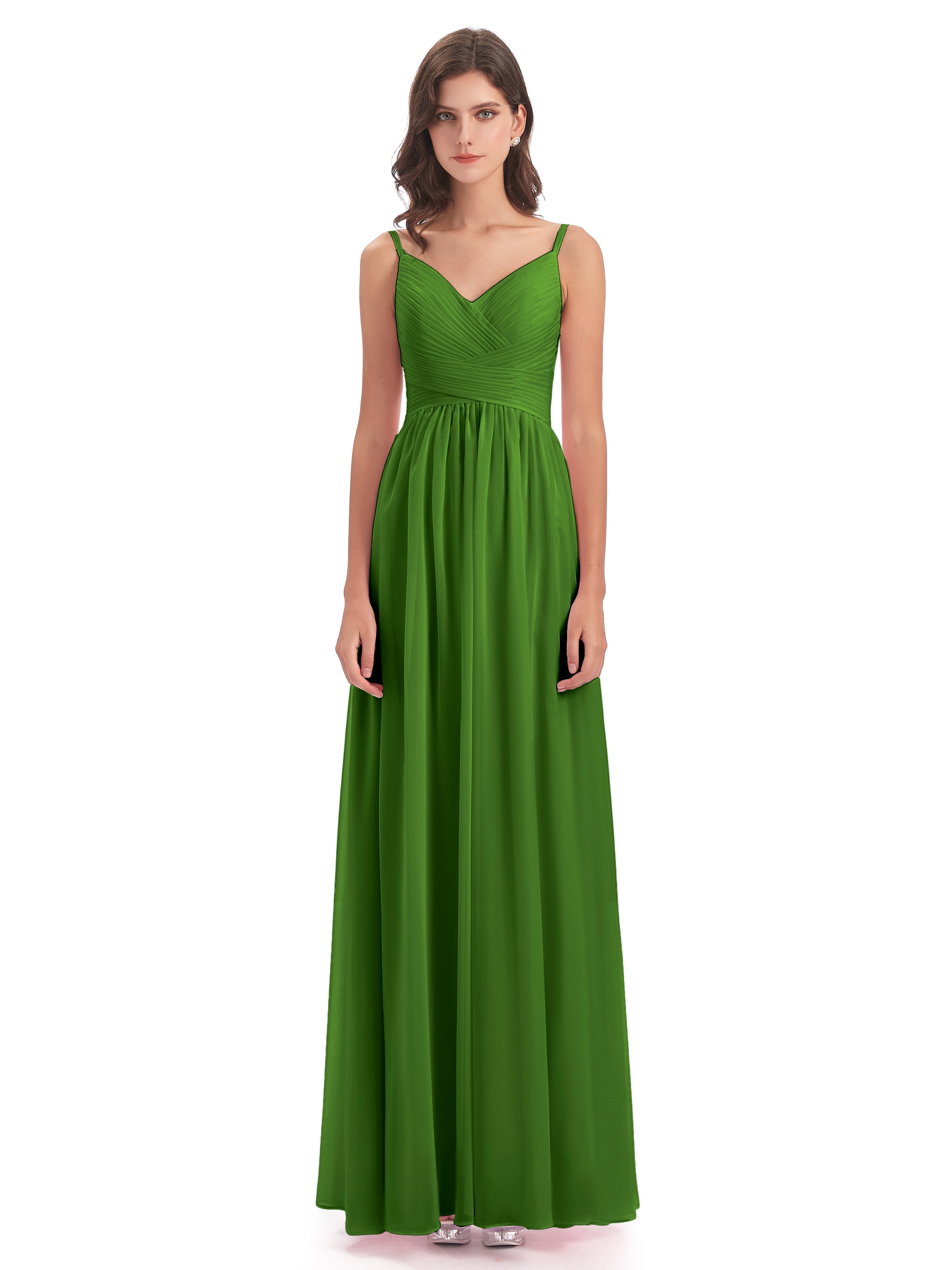Robes De Demoiselle D'Honneur Vert Mousse Bretelles Spaghetti Plis Dentelle Robes Demoiselle D'Honneur