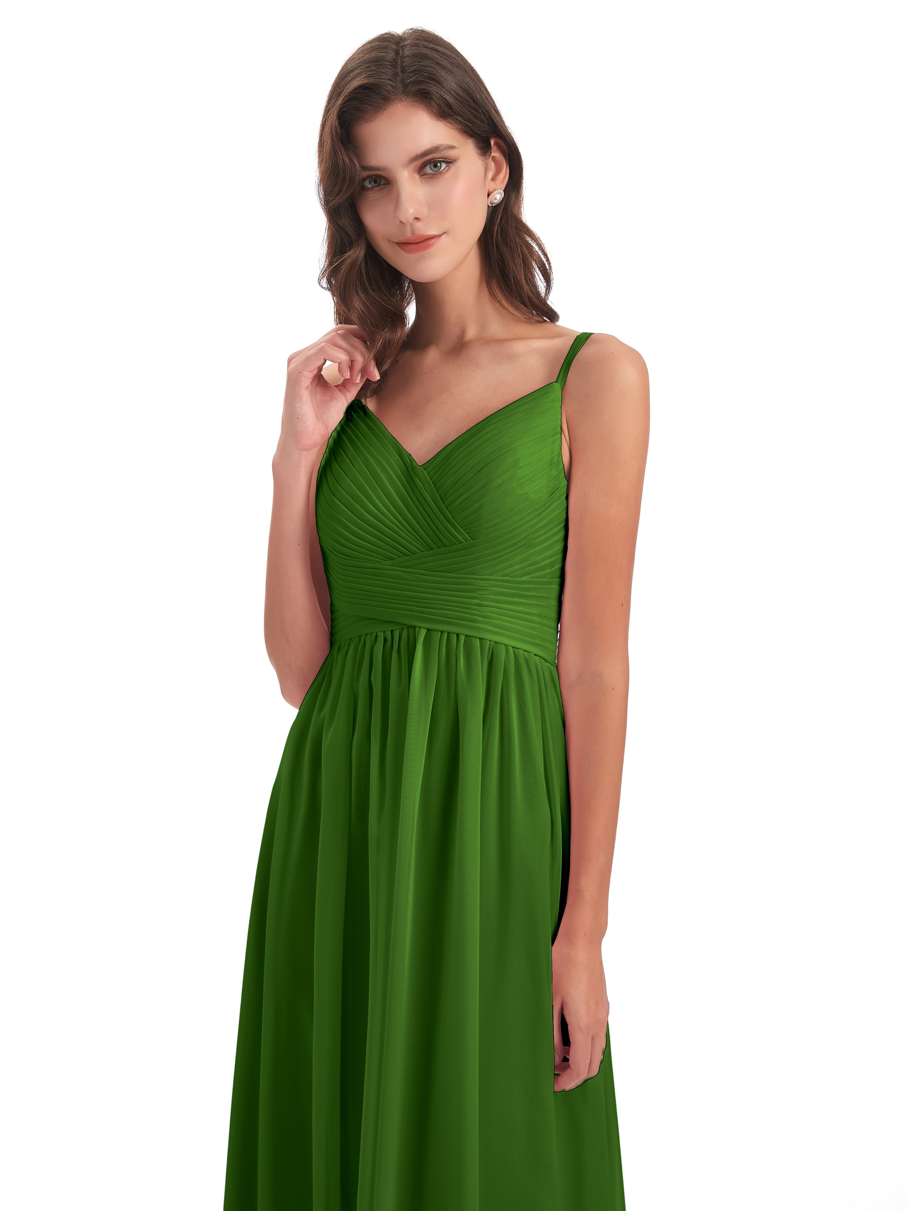 Robes De Demoiselle D'Honneur Vert Mousse Bretelles Spaghetti Plis Dentelle Robes Demoiselle D'Honneur