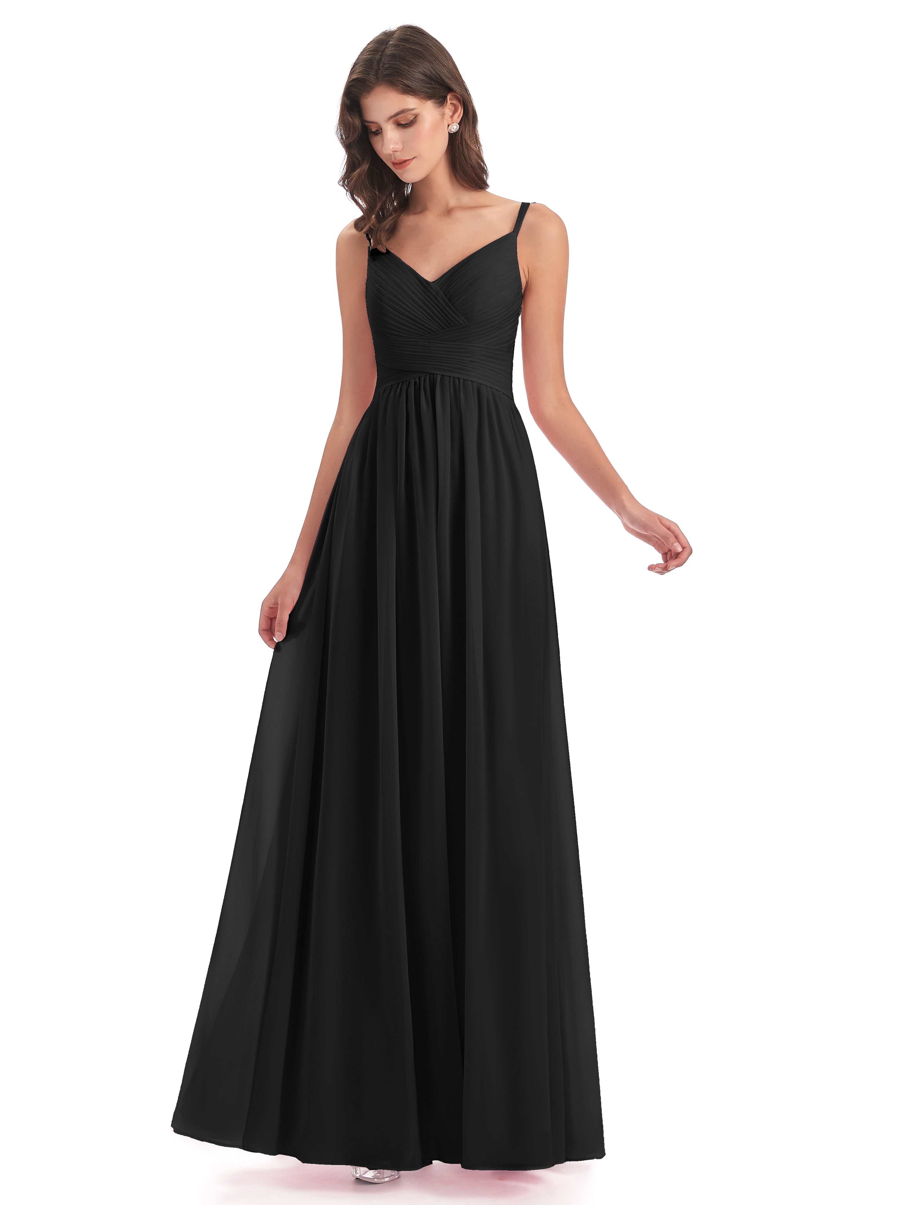 Robe Demoiselle D Honneur Noire Bretelles Spaghetti Plis Dentelle Robes Demoiselle D'Honneur