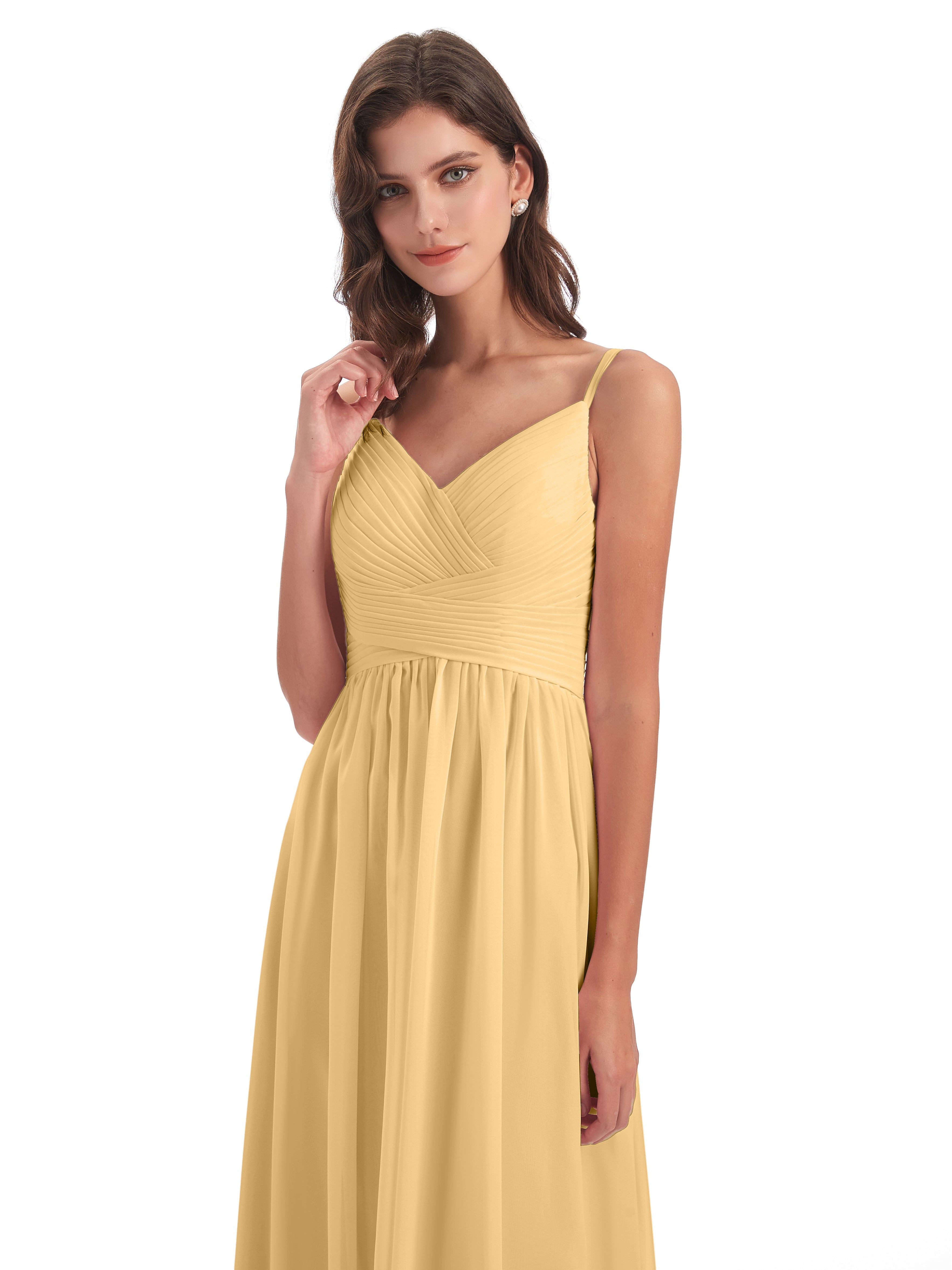 Robe Demoiselle D Honneur Or Bretelles Spaghetti Plis Dentelle Robes Demoiselle D'Honneur