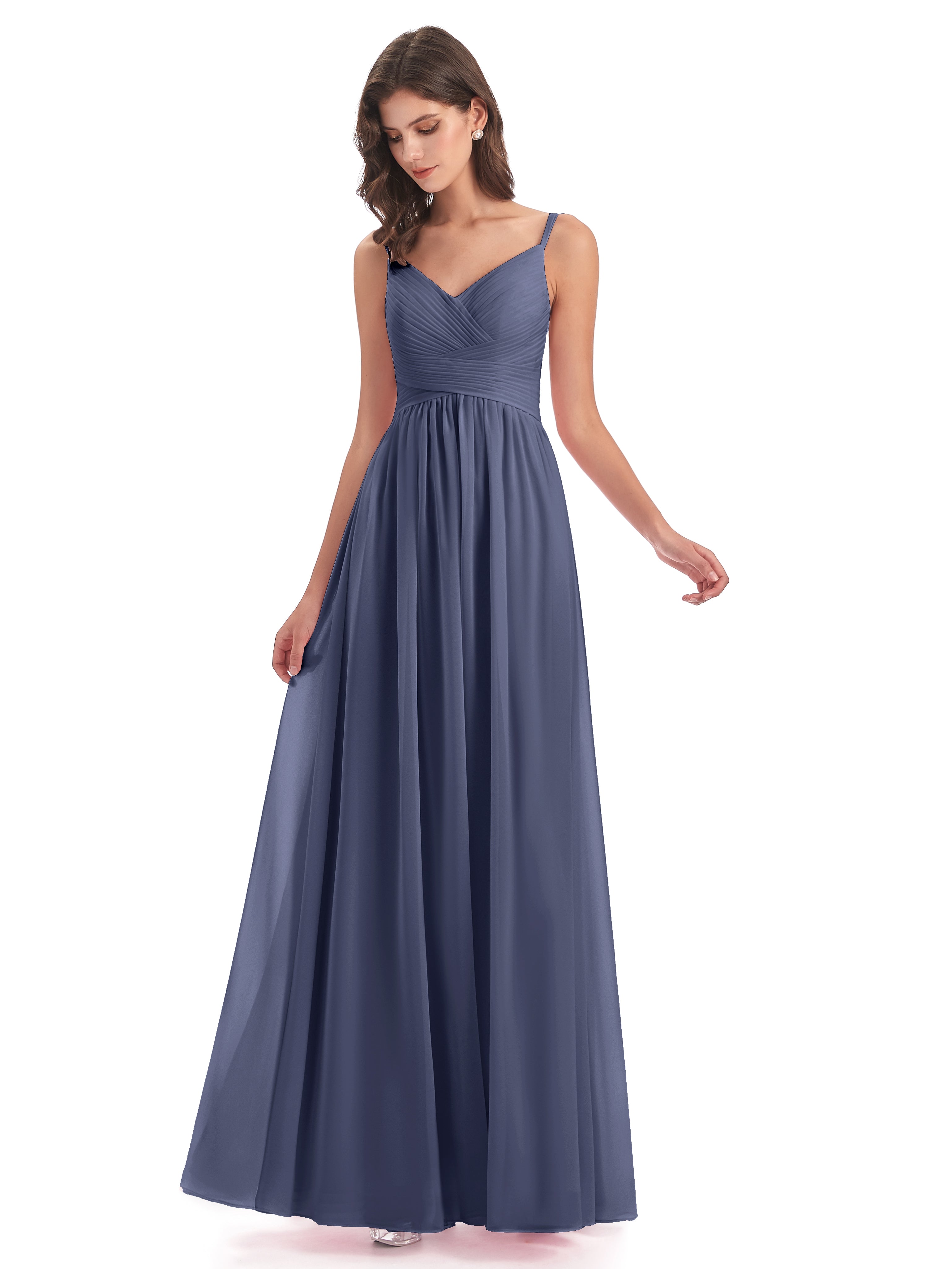 Robes De Demoiselle D'Honneur Bleu Orageux Bretelles Spaghetti Plis Dentelle Robes Demoiselle D'Honneur