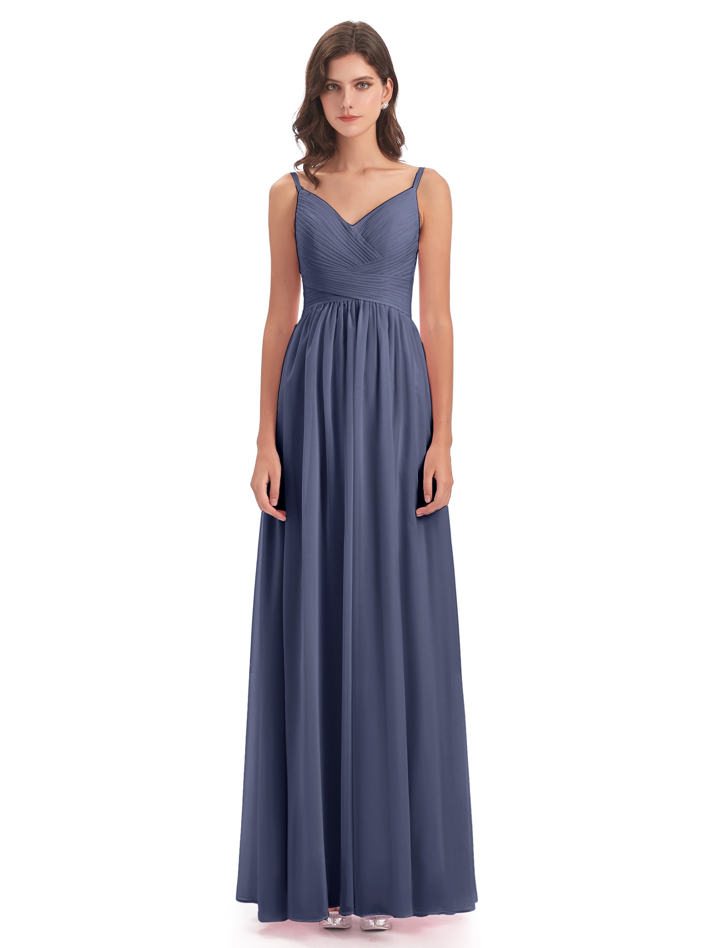 Robes De Demoiselle D'Honneur Bleu Orageux Bretelles Spaghetti Plis Dentelle Robes Demoiselle D'Honneur