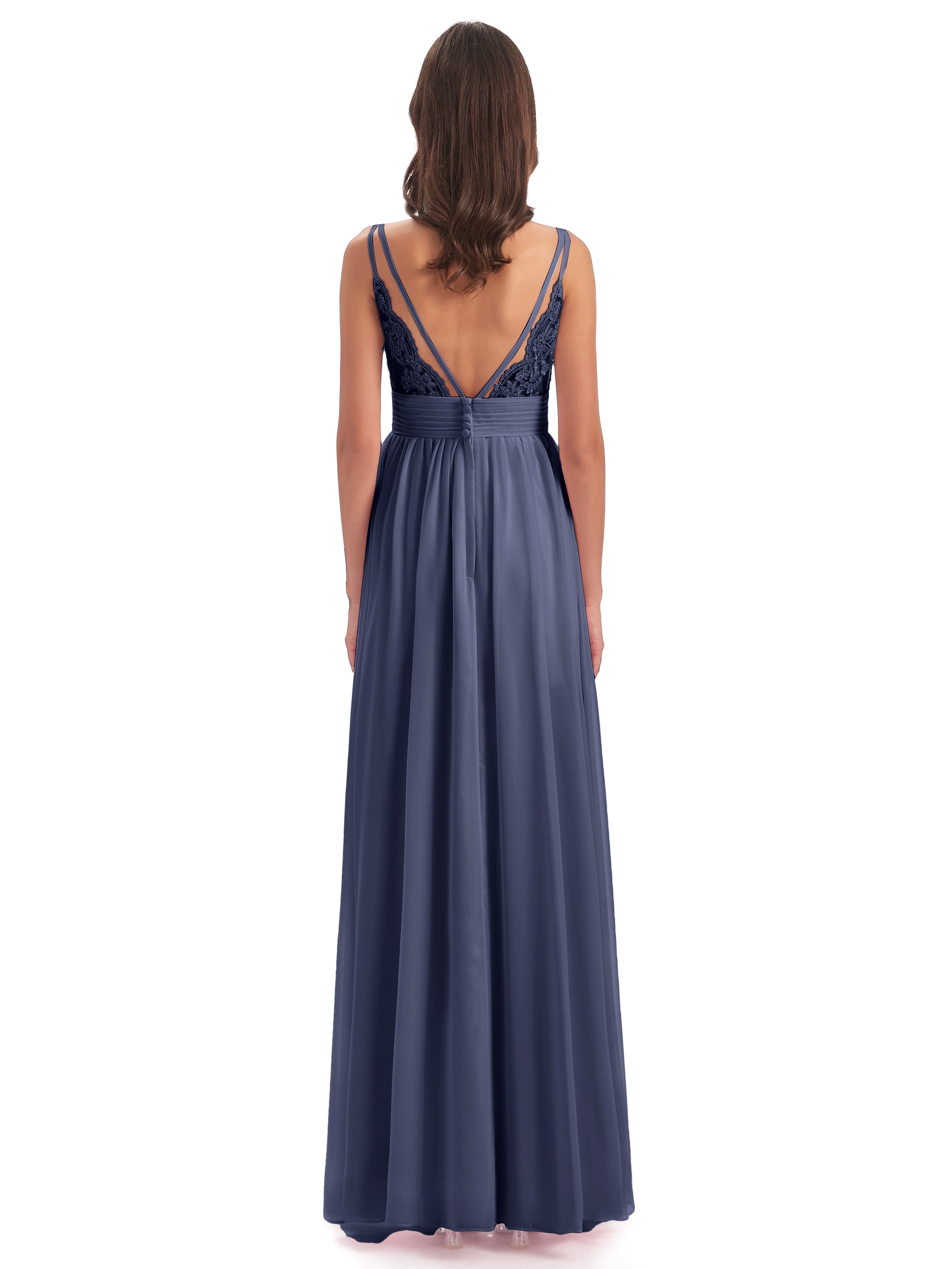 Robes De Demoiselle D'Honneur Bleu Orageux Bretelles Spaghetti Plis Dentelle Robes Demoiselle D'Honneur