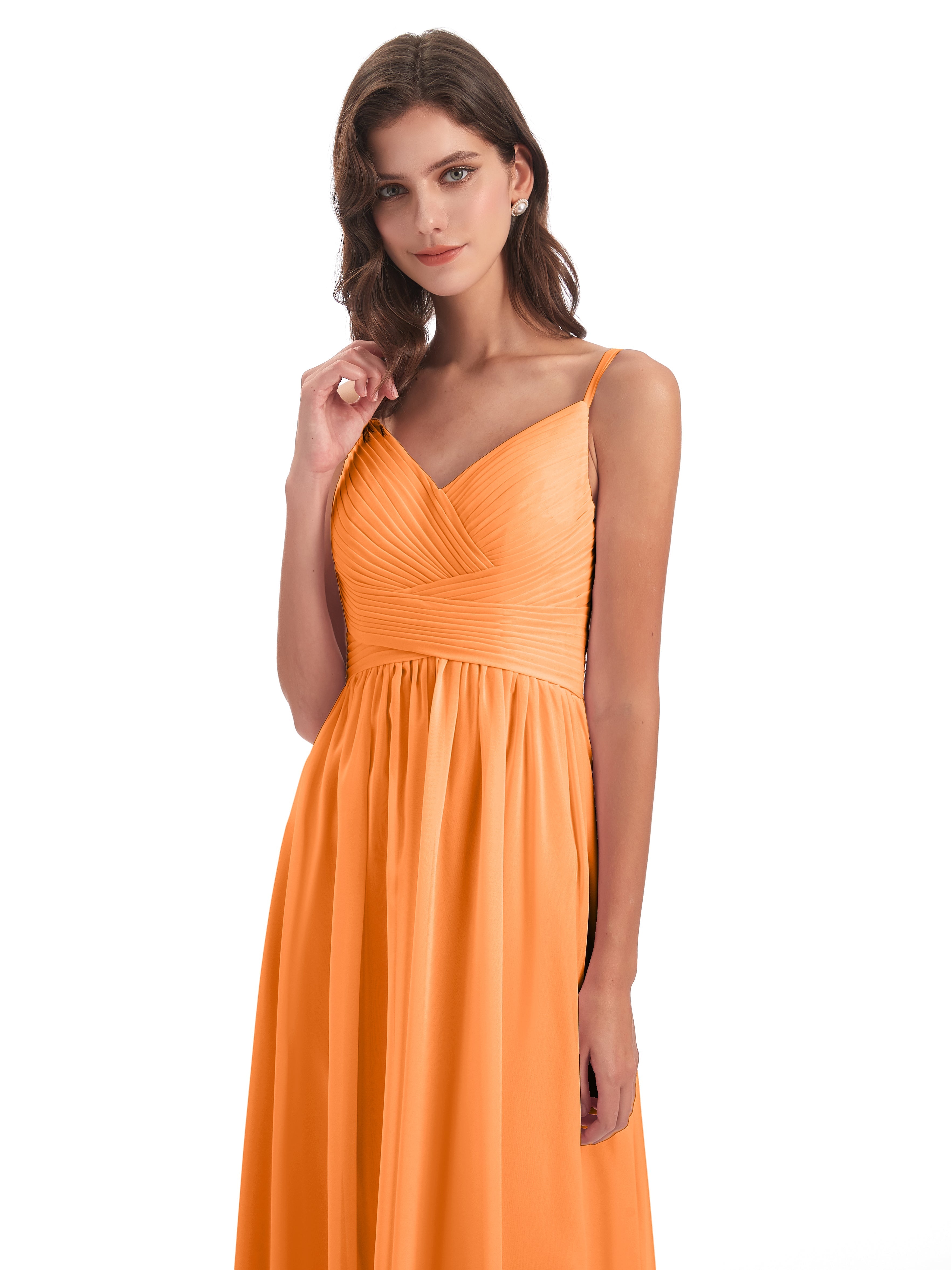 Robe Demoiselle D Honneur Orange Vif Bretelles Spaghetti Plis Dentelle Robes Demoiselle D'Honneur