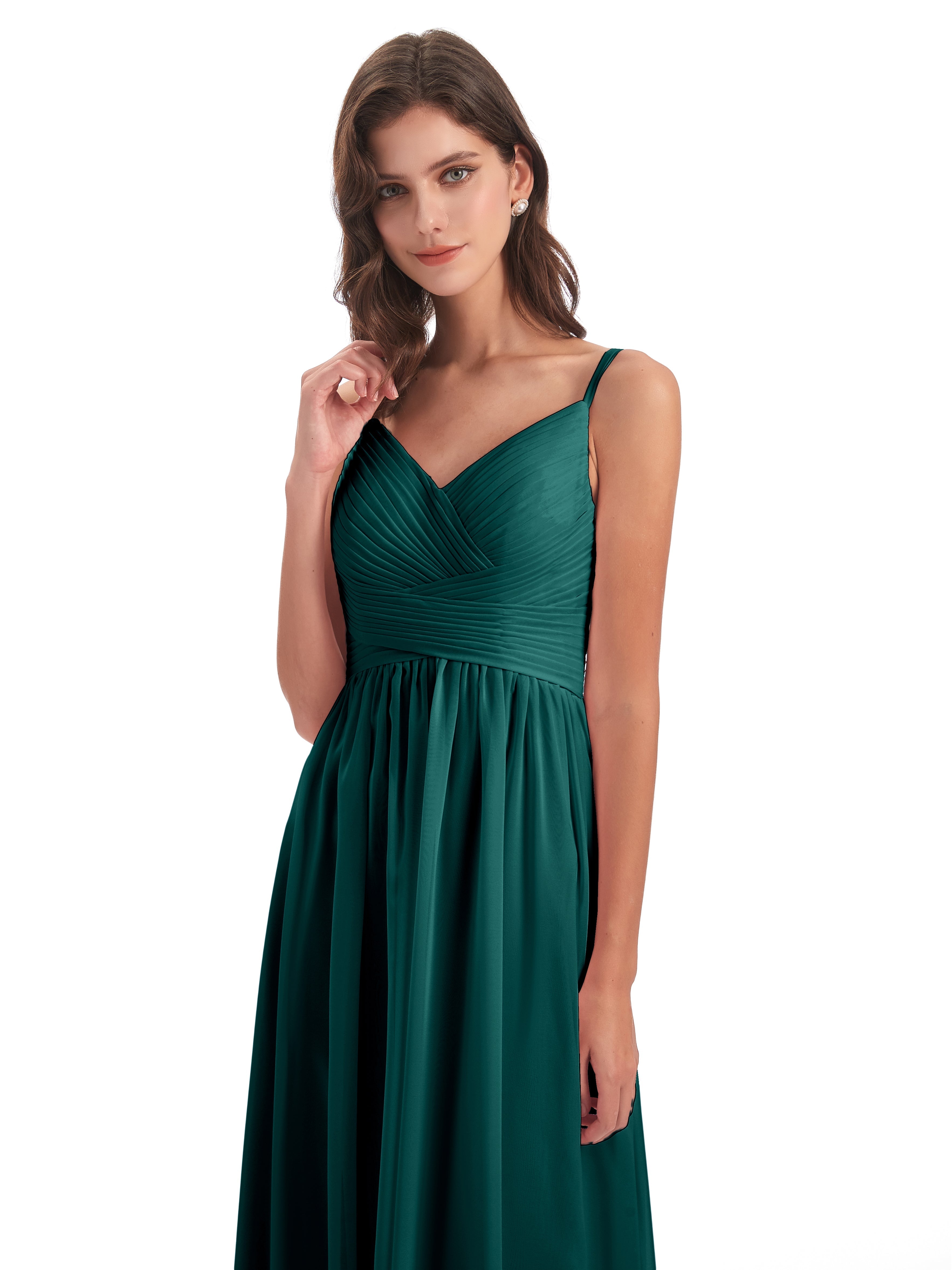Robes De Demoiselle D'Honneur De Paon Bretelles Spaghetti Plis Dentelle Robes Demoiselle D'Honneur