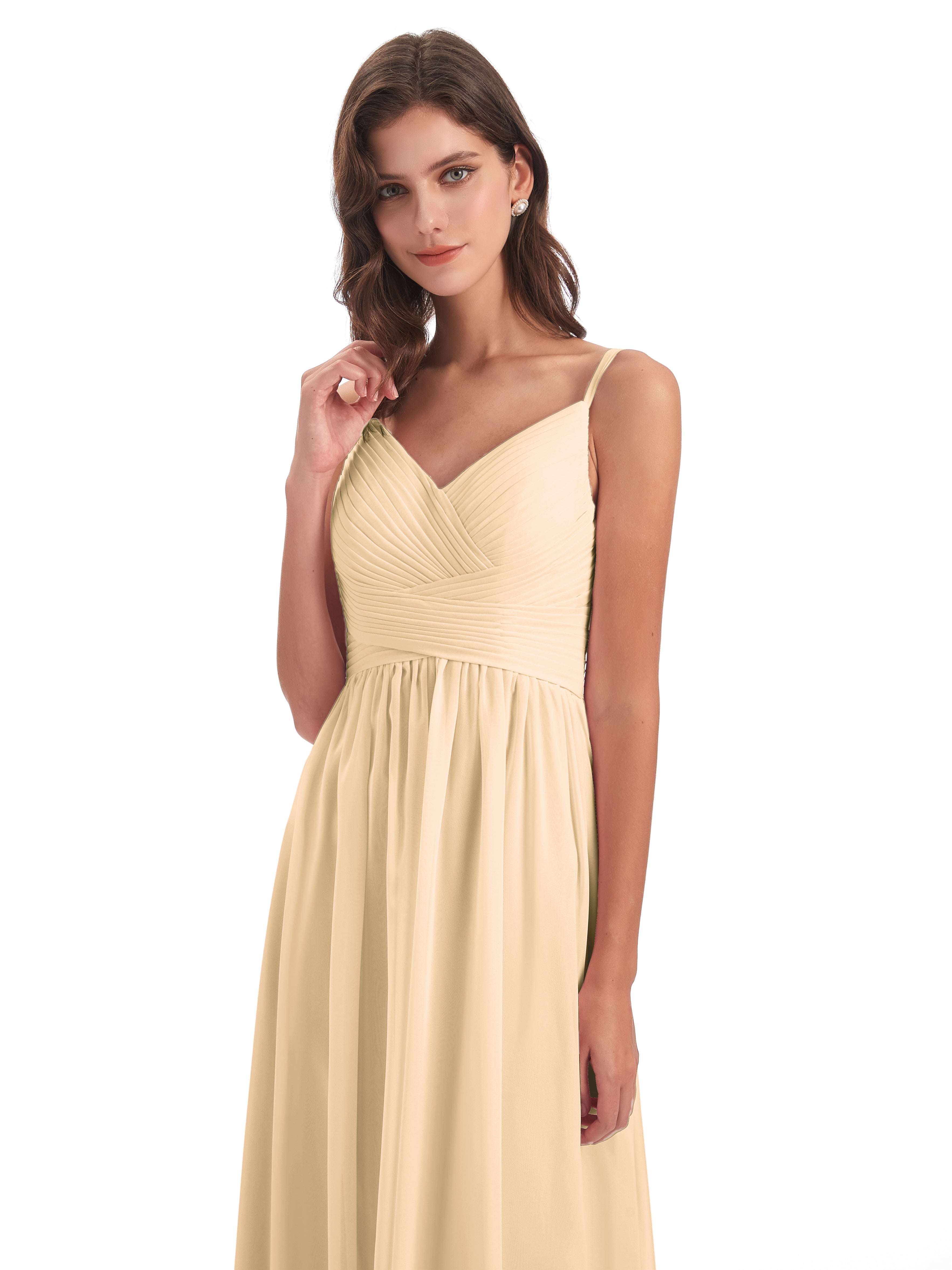 Robe De Demoiselle D Honneur Peche Bretelles Spaghetti Plis Dentelle Robes Demoiselle D'Honneur