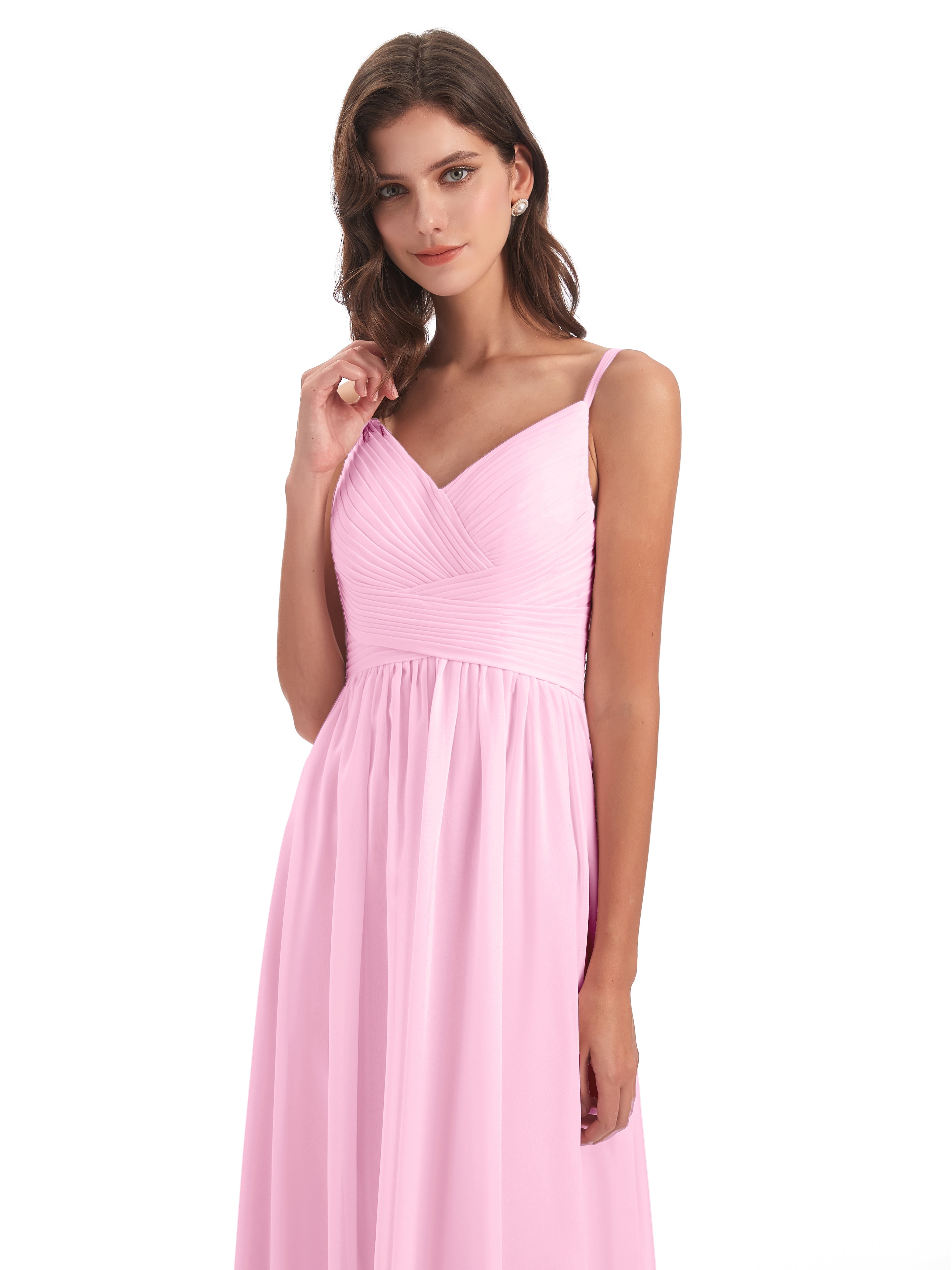 Robes De Demoiselle D'Honneur Rose Bonbon Bretelles Spaghetti Plis Dentelle Robes Demoiselle D'Honneur